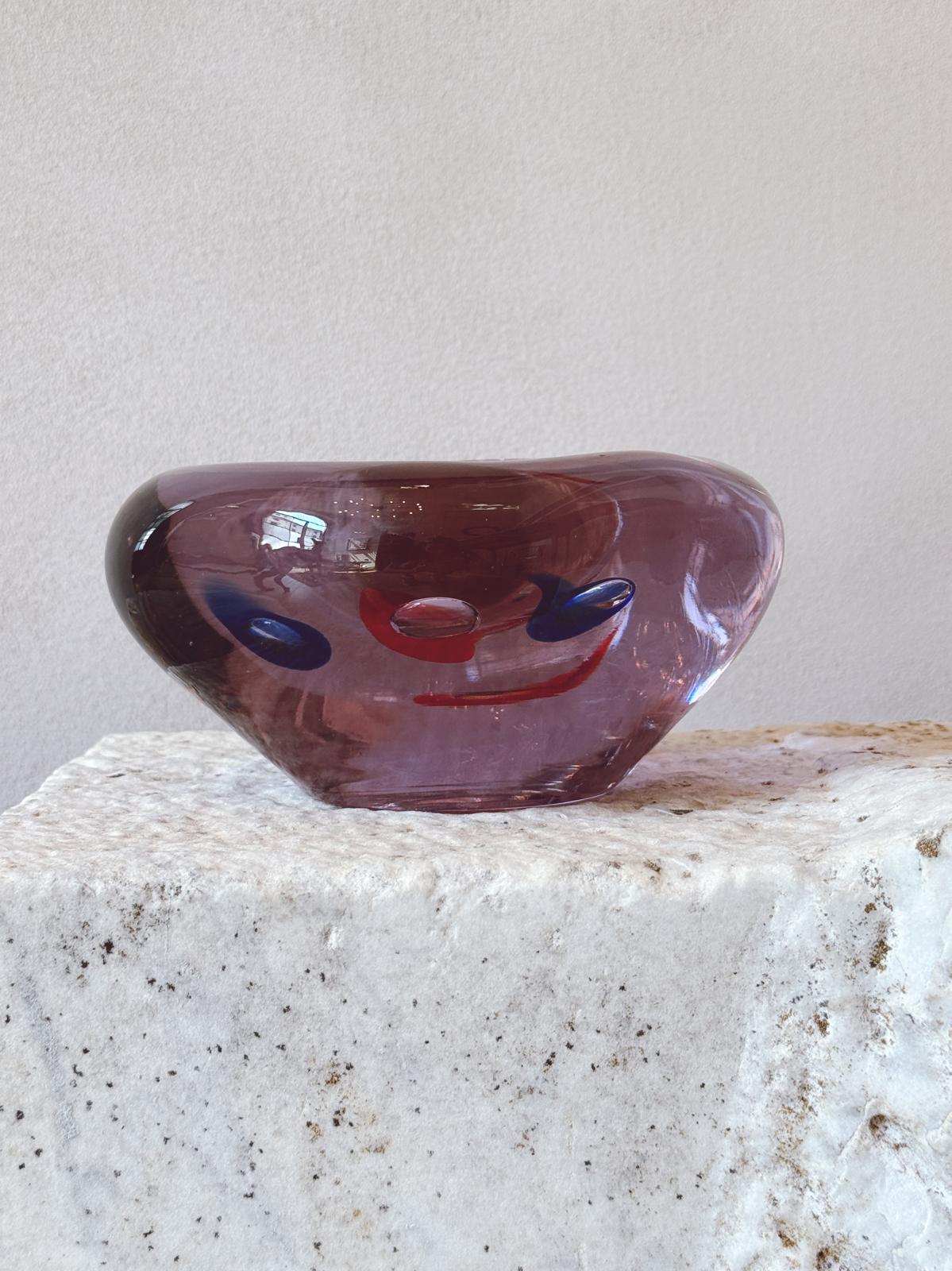 1970s Murano Glass Purple Organic Glass Bowl with blue and red splashes
