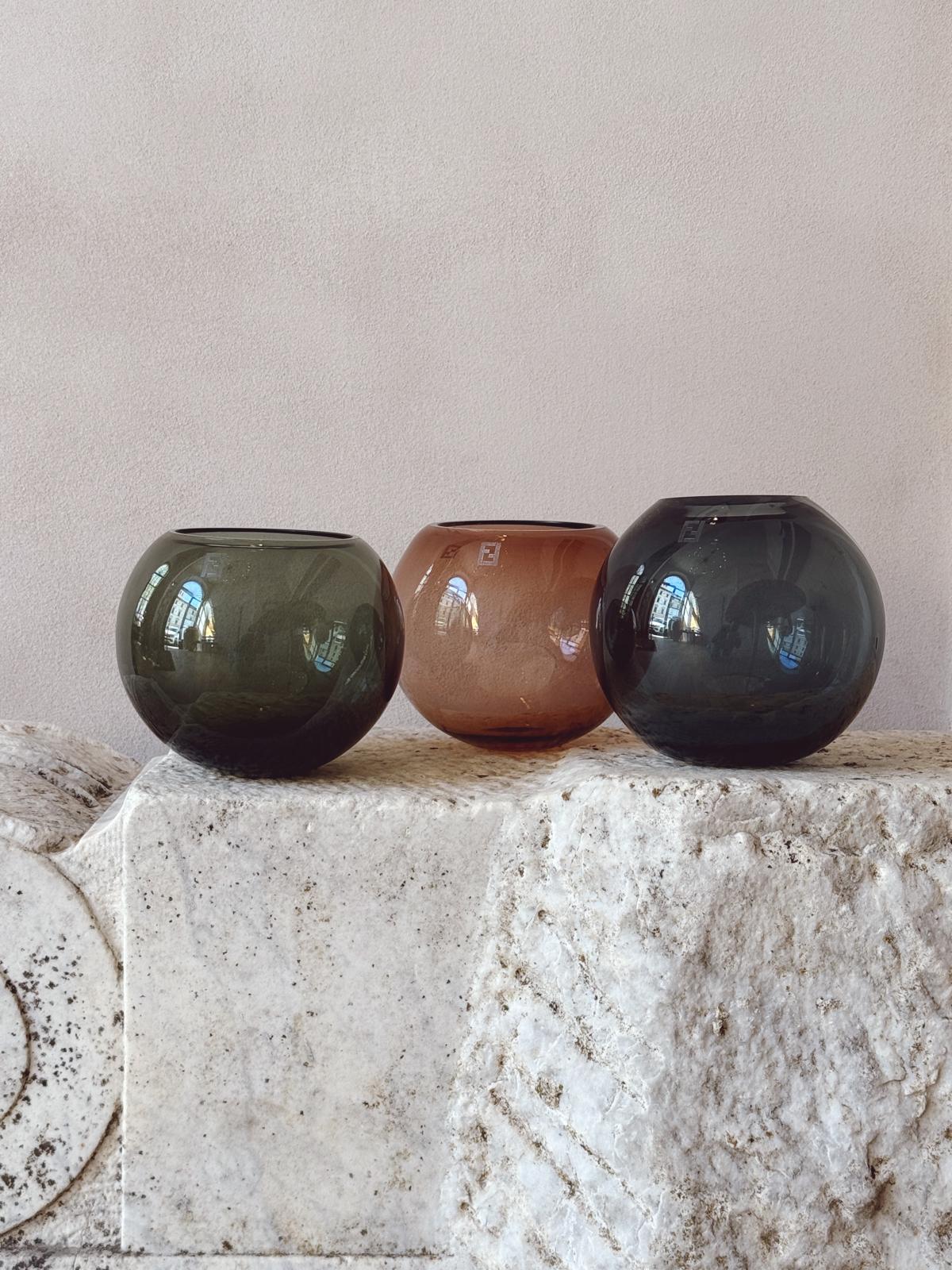 Trio of Blue & Green & Rose Murano Glass Spherical Bowls for fendi Casa