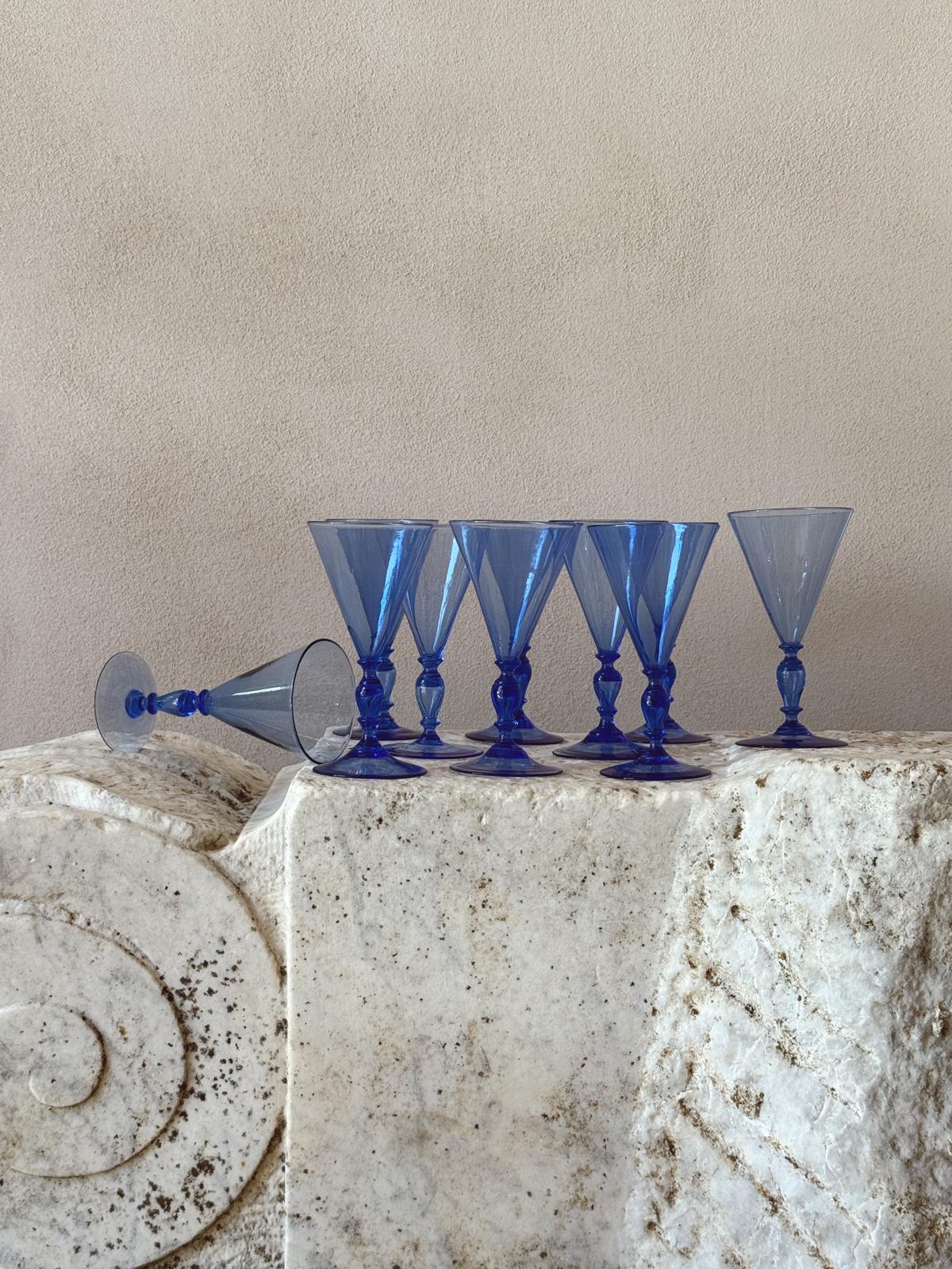 1920s Barovier Blue Hand-blown Murano Prosecco Glasses (Set of 10)