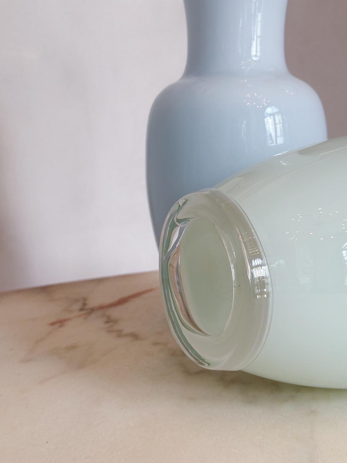 Pair of Powder Blue and Green Hand-blown Murano Glass Venini Vases, 1980s