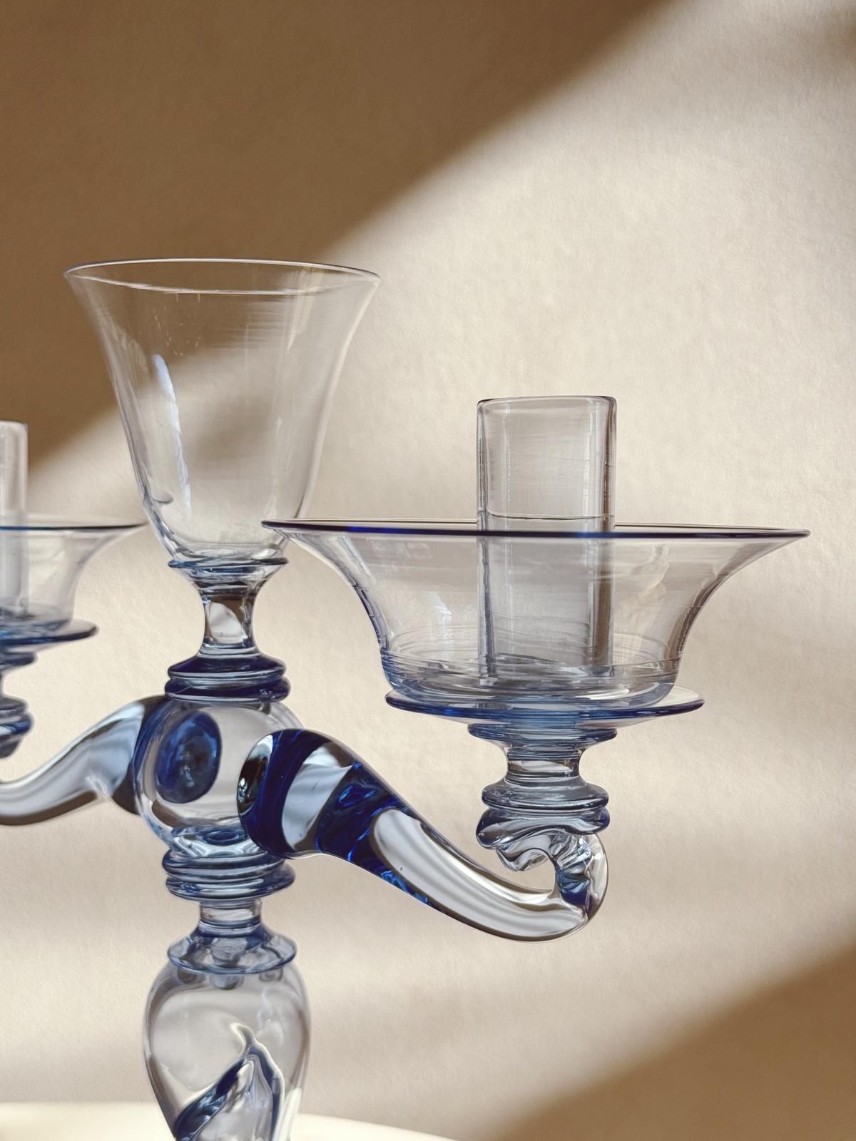 Pair of Hand-Blown Murano Glass Blue and Pink Candelabra by Pauly & Co, 1940s