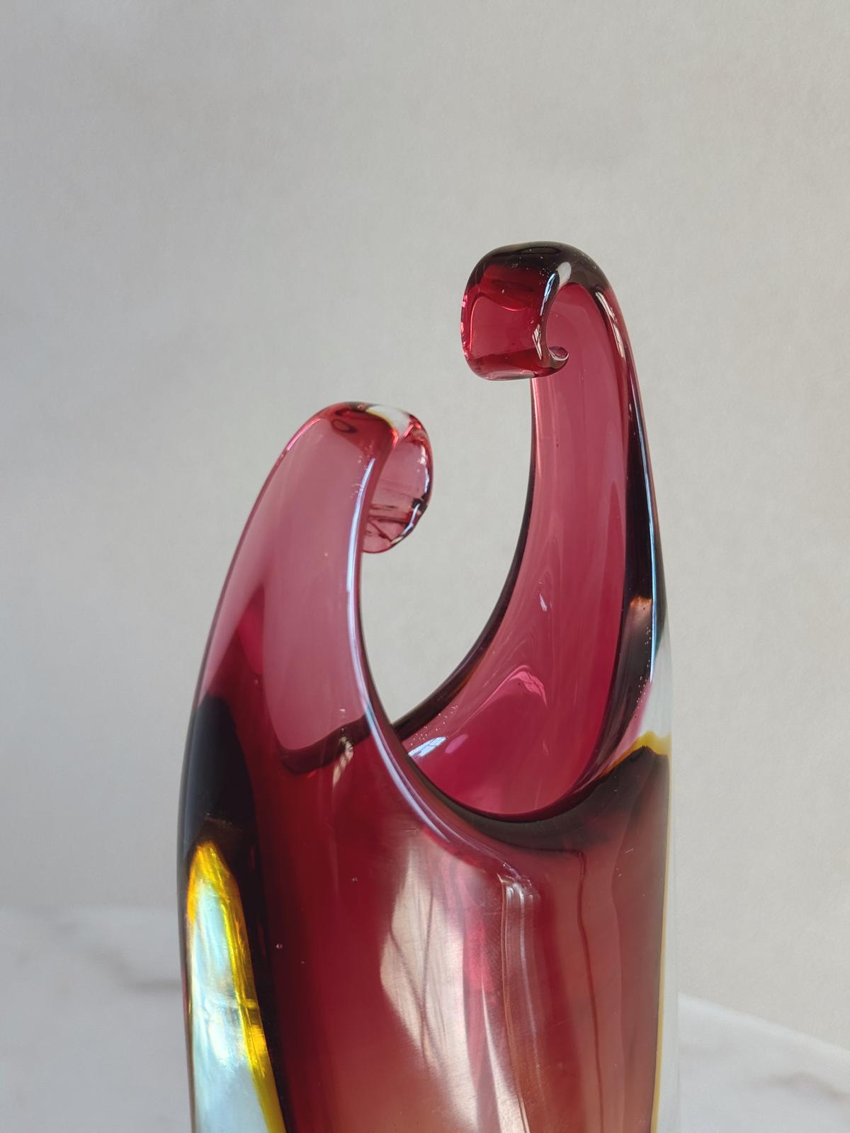 1970s Orange and Pink Triple Sommerso Murano Glass Curled Vase