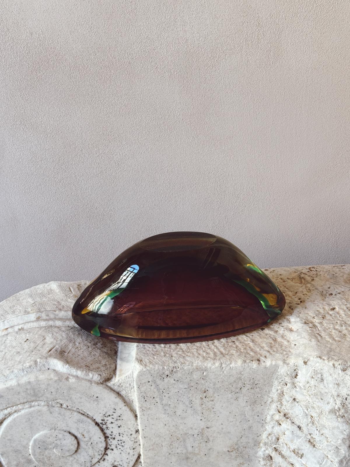 1960s Large Flavio Poli Triple Sommerso Bowl in Brown, Green & Yellow