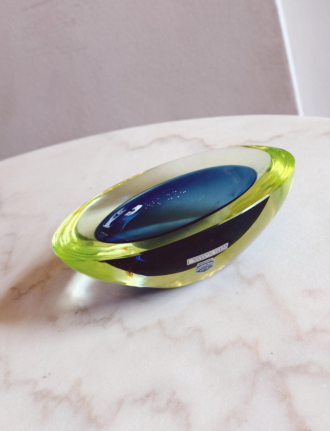 1960s Yellow and Blue Cenedese Oval Murano glass bowl