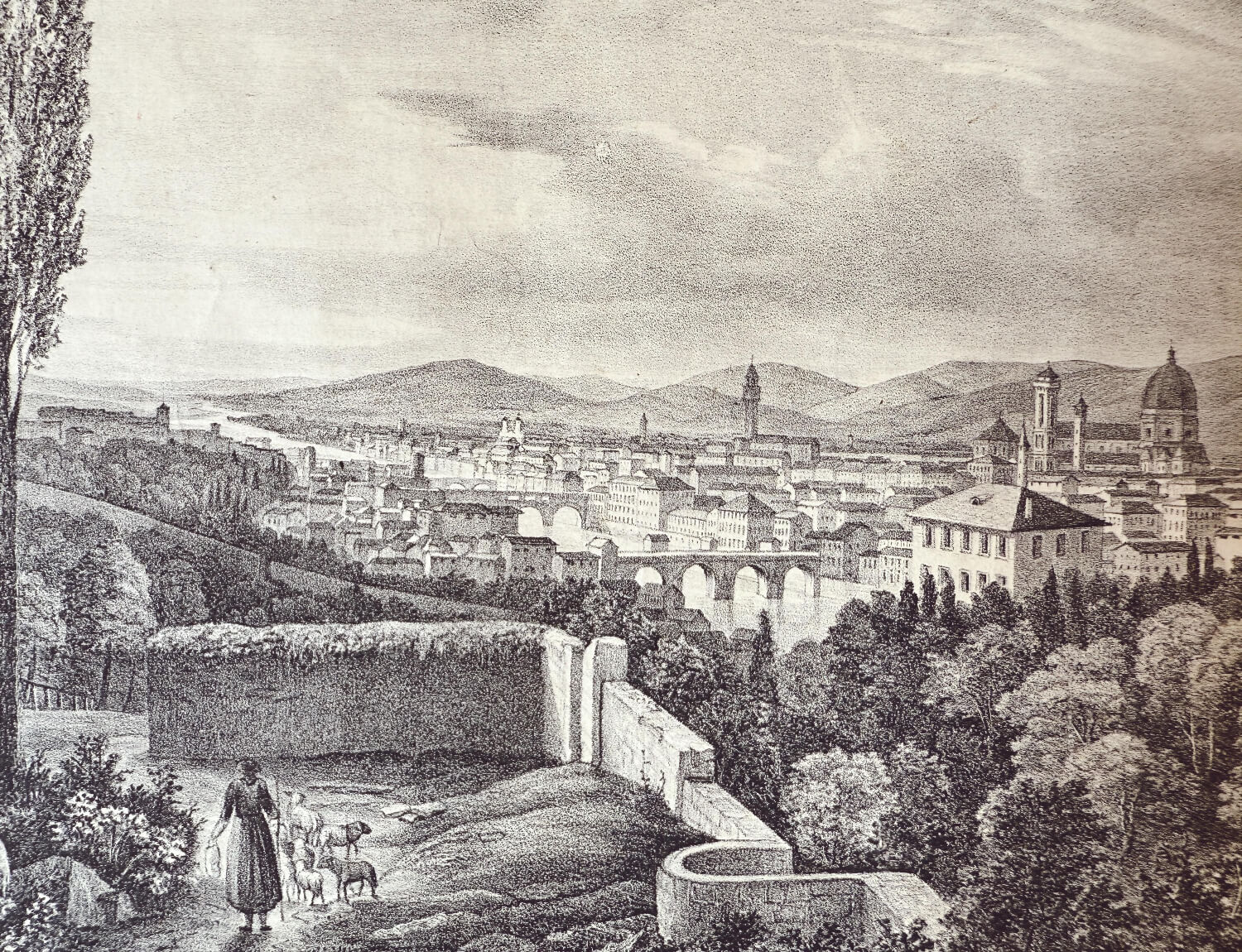 View of Florence, Acqua Forte Etching, Florenz 1850s