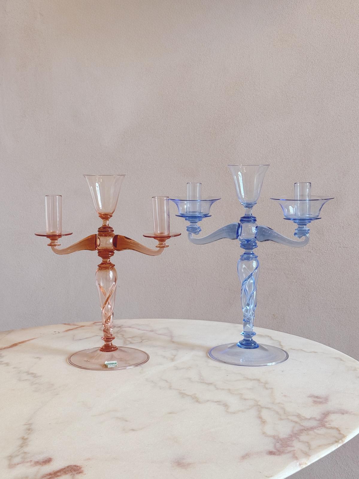 Pair of Hand-Blown Murano Glass Blue and Pink Candelabra by Pauly & Co, 1940s