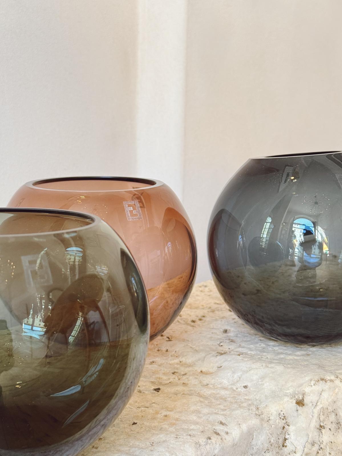 Trio of Blue & Green & Rose Murano Glass Spherical Bowls for fendi Casa