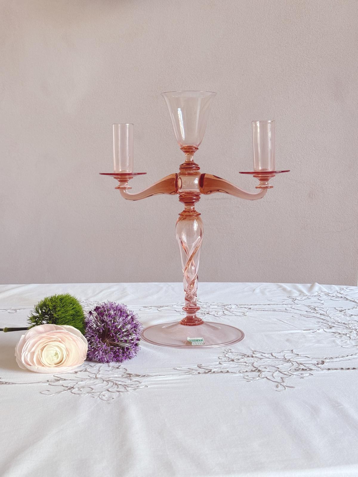 Hand-Blown Murano Glass Pink Candelabra by Pauly & Co, 1940s