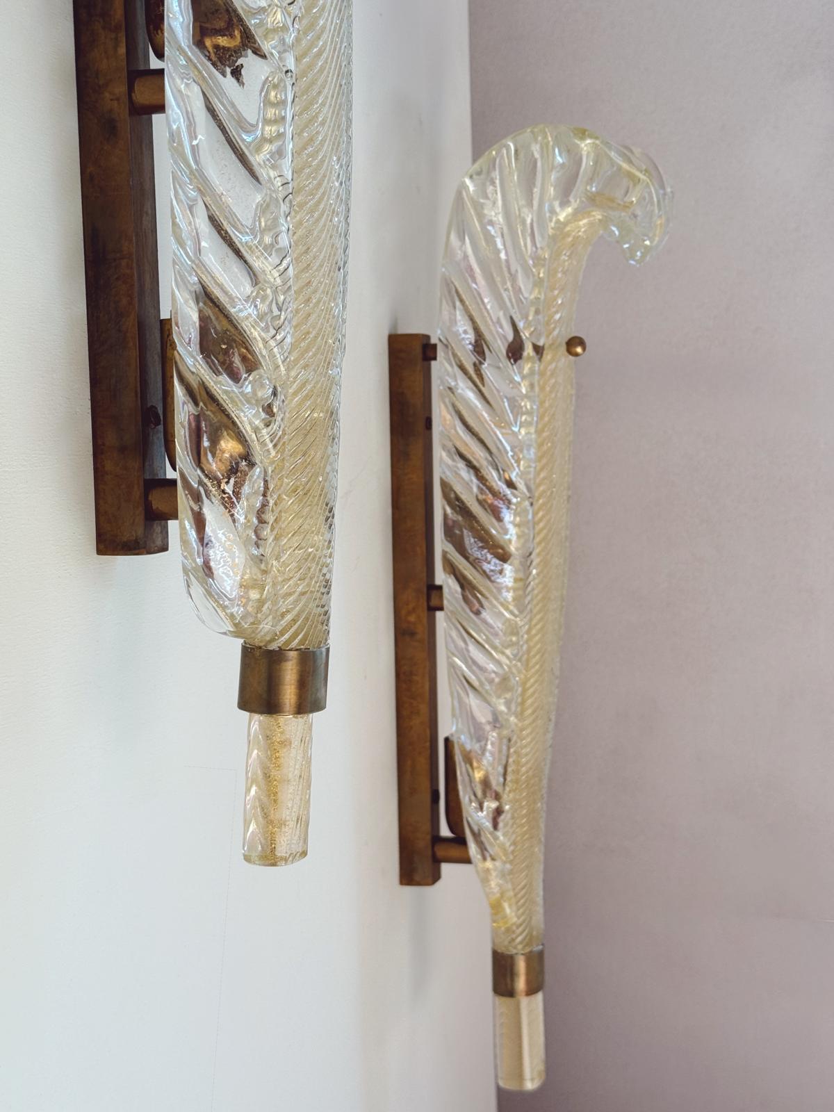 Pair of ex-Bauer Hotel   Murano glass Leaf Wall lights, attributed to Seguso Vetri d’Arte, Venice, 1950s