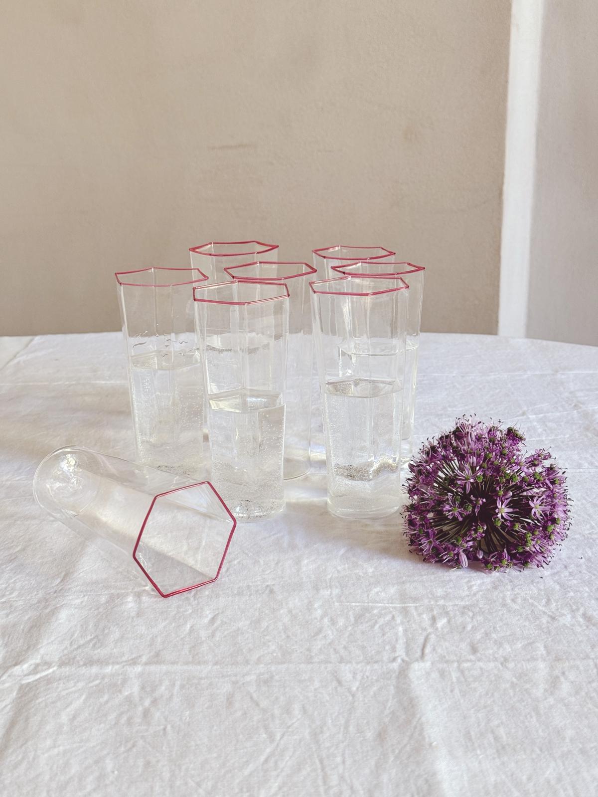 1940s Ultra-Fine Hexagonal Murano Glasses with pink rim, set of 8
