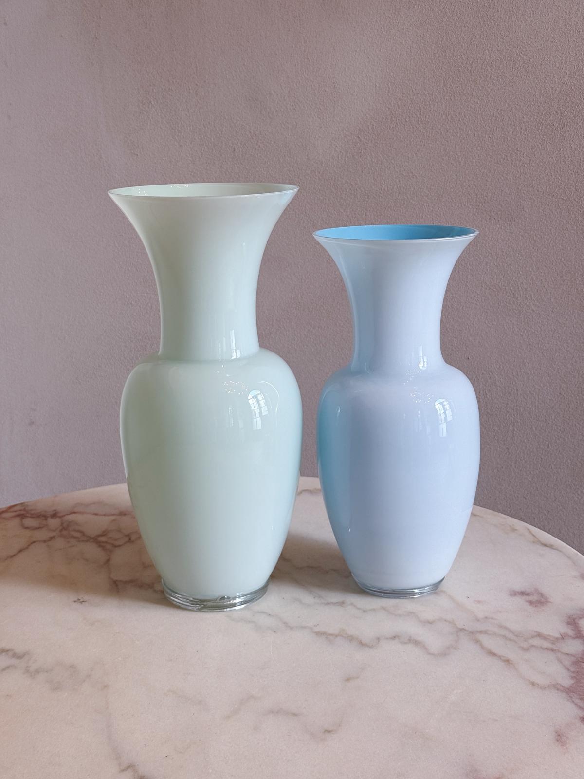 Pair of Powder Blue and Green Hand-blown Murano Glass Venini Vases, 1980s