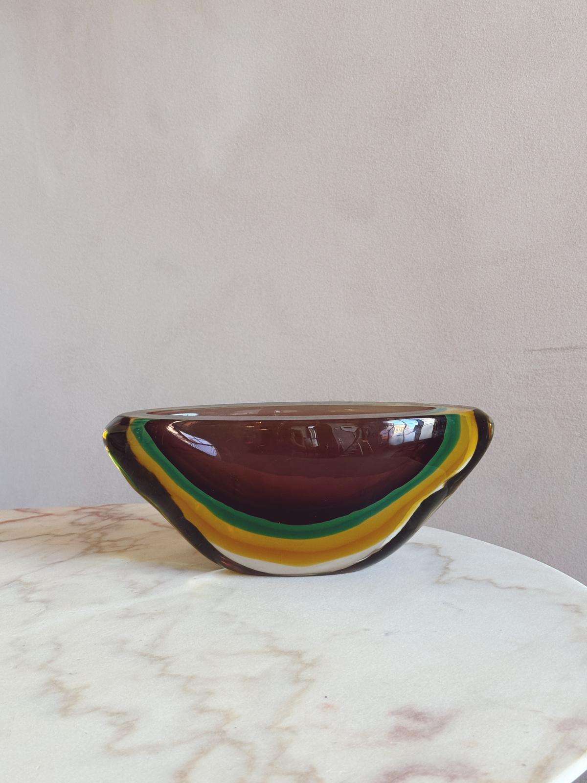1960s Large Flavio Poli Triple Sommerso Bowl in Brown, Green & Yellow