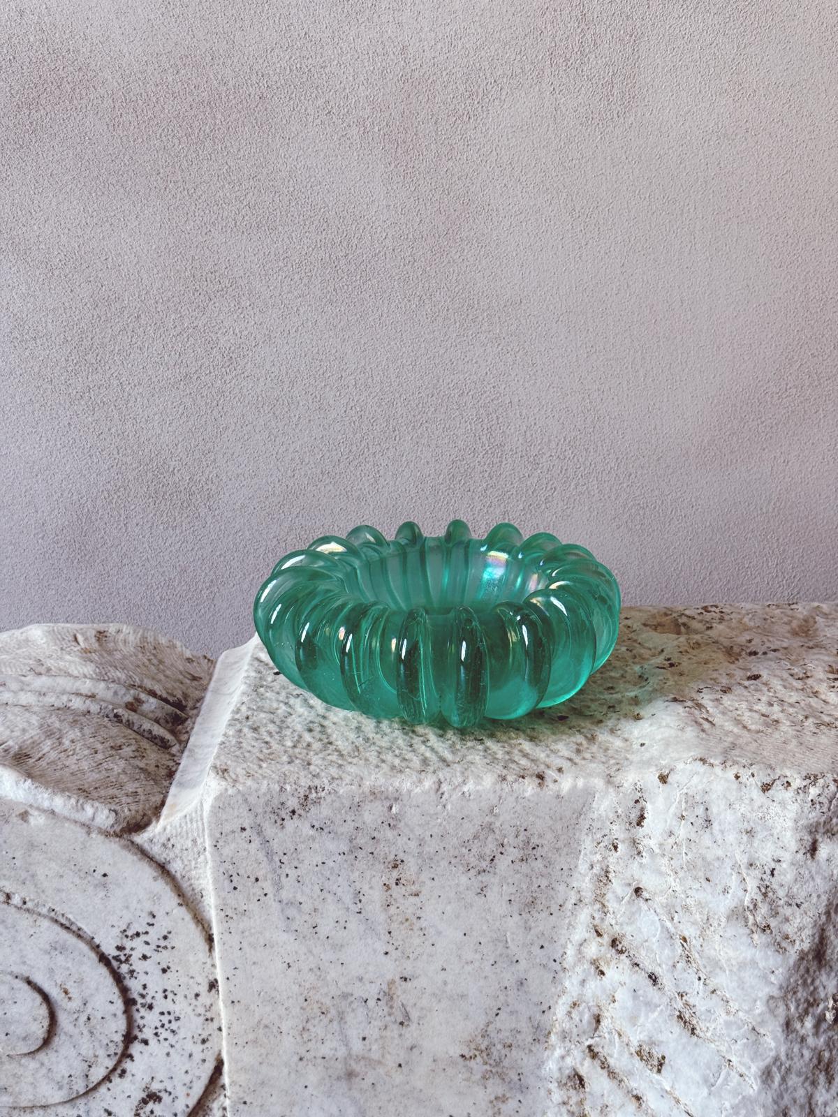 1970s Hand-blown Murano Glass Turquoise ridged bowl