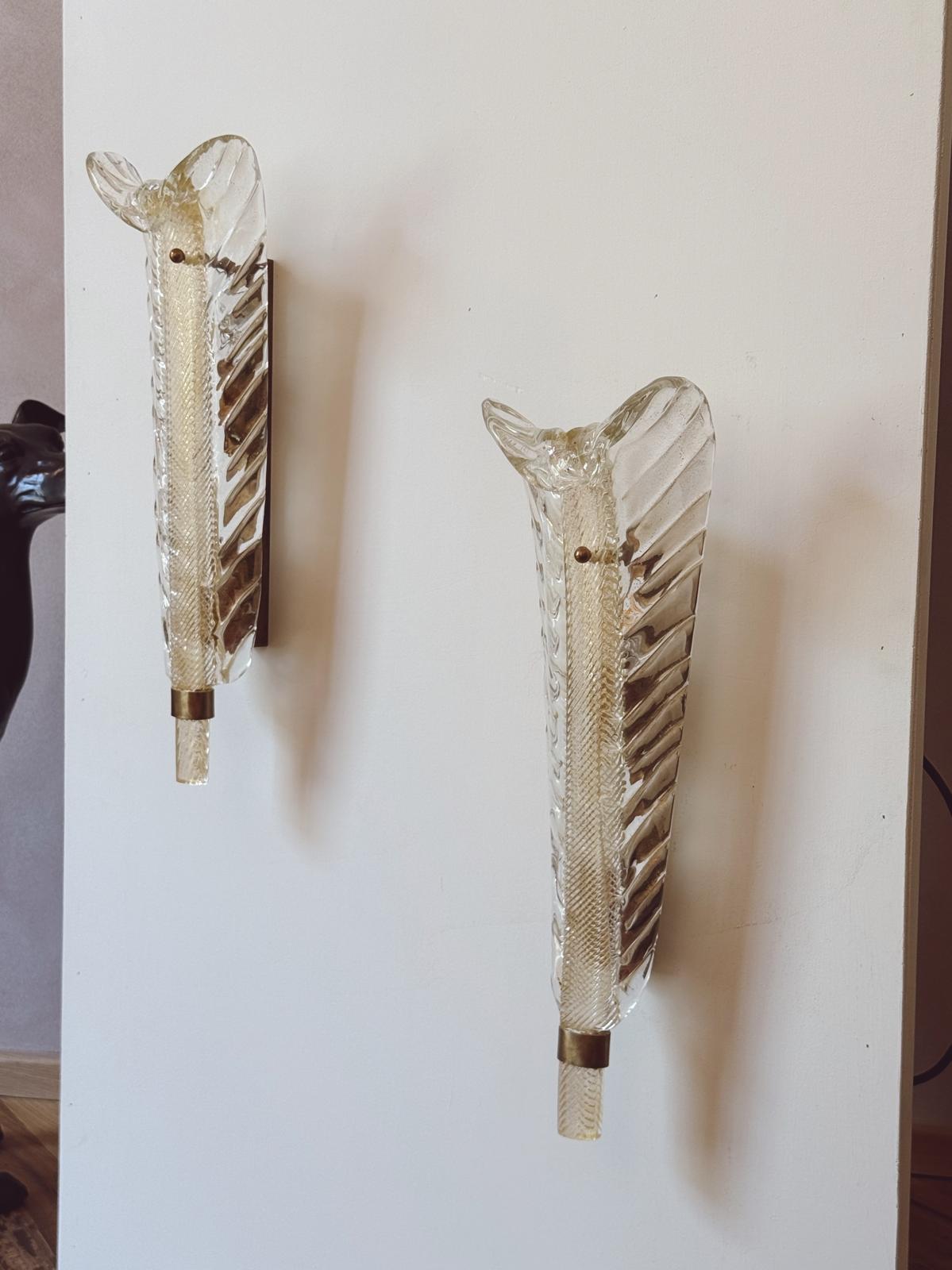 Pair of ex-Bauer Hotel   Murano glass Leaf Wall lights, attributed to Seguso Vetri d’Arte, Venice, 1950s