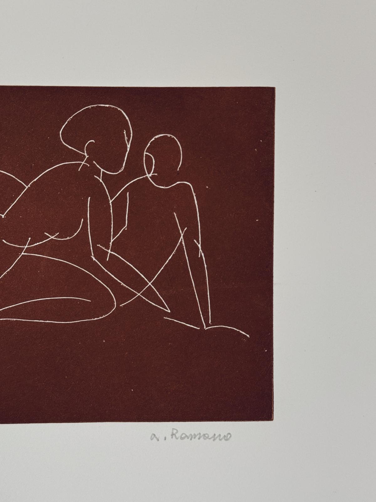 White on faded black, Three Small Women, Lithograph, 1976 A. Romano
