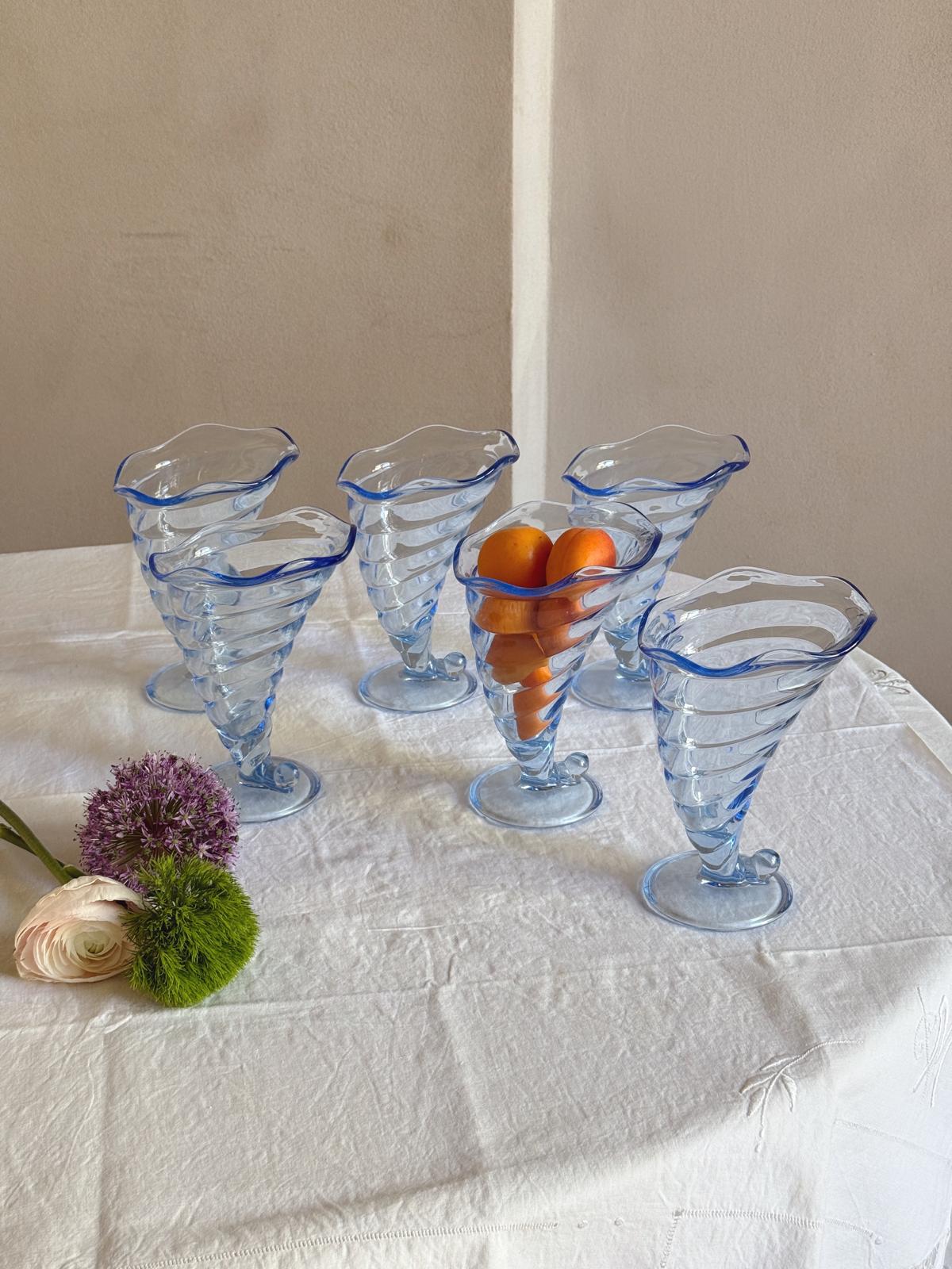 Set of Six Blue Shell-shaped Italian glass Gelato bowls