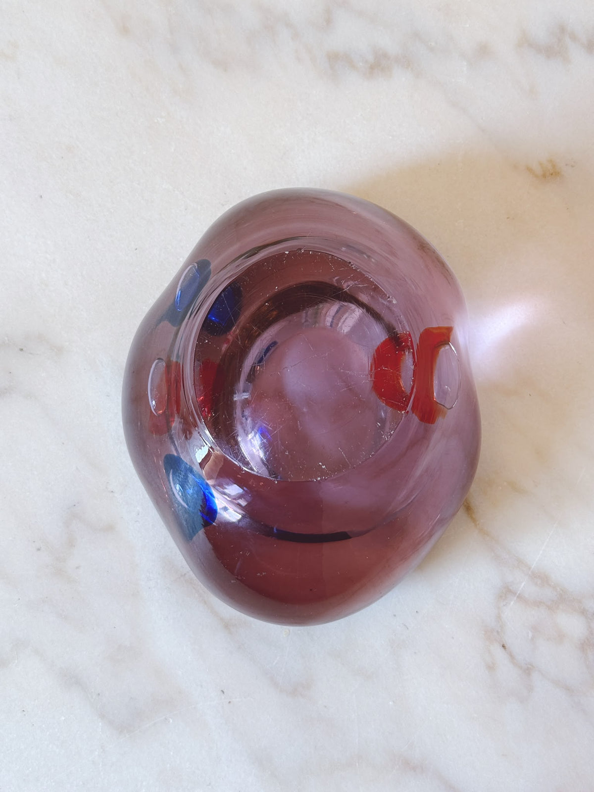 1970s Murano Glass Purple Organic Glass Bowl with blue and red splashes