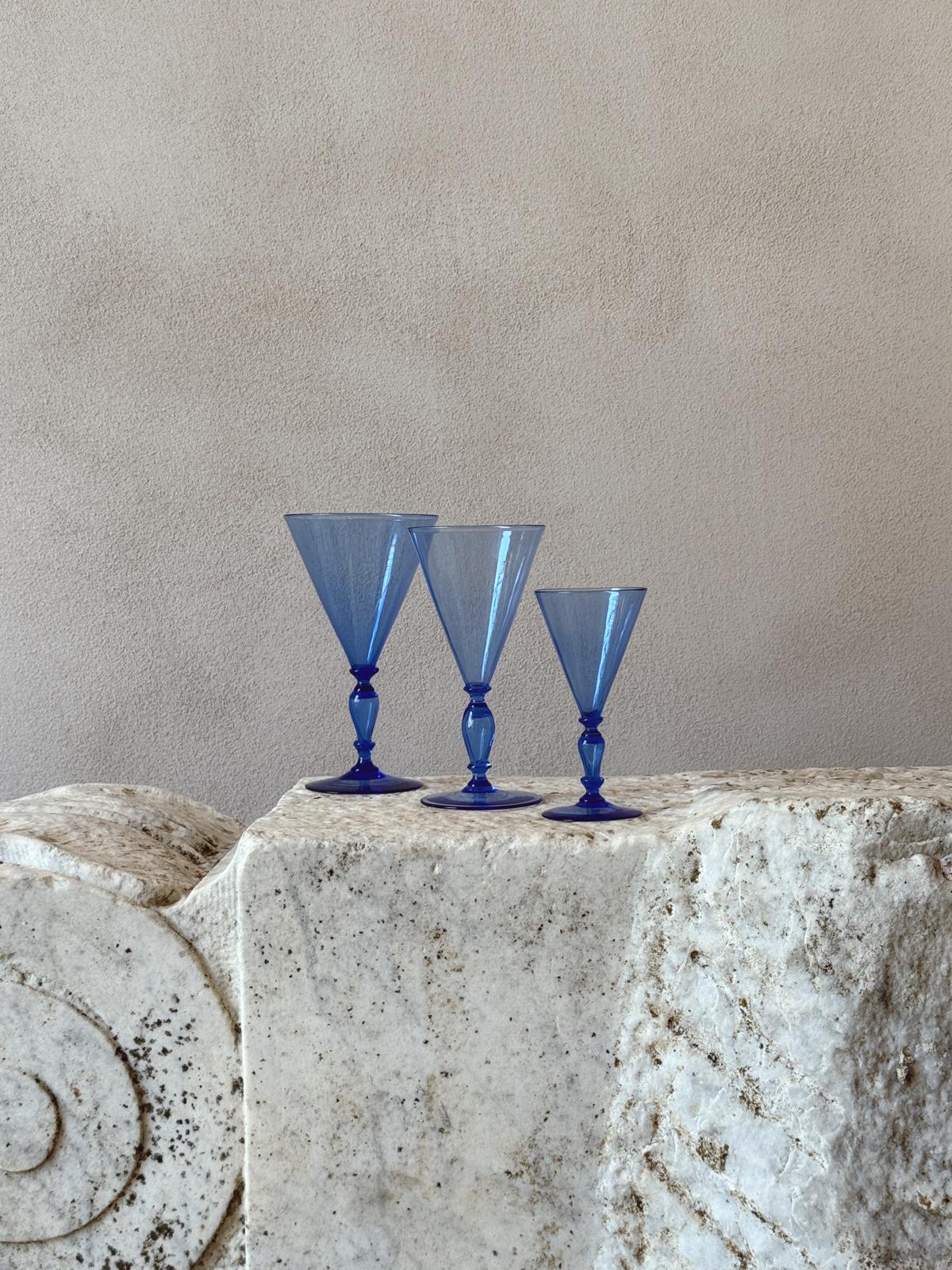 30 Piece, 1920s Barovier Blue Hand-blown Red, White & Dessert Wine Glasses (Set of 10)