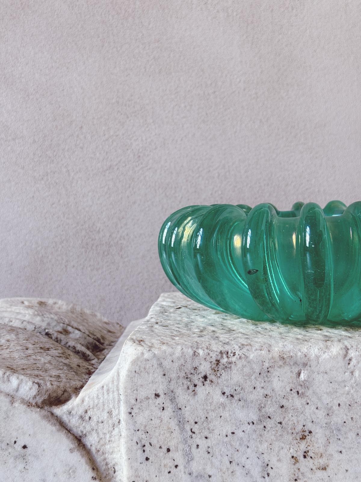 1970s Hand-blown Murano Glass Turquoise ridged bowl