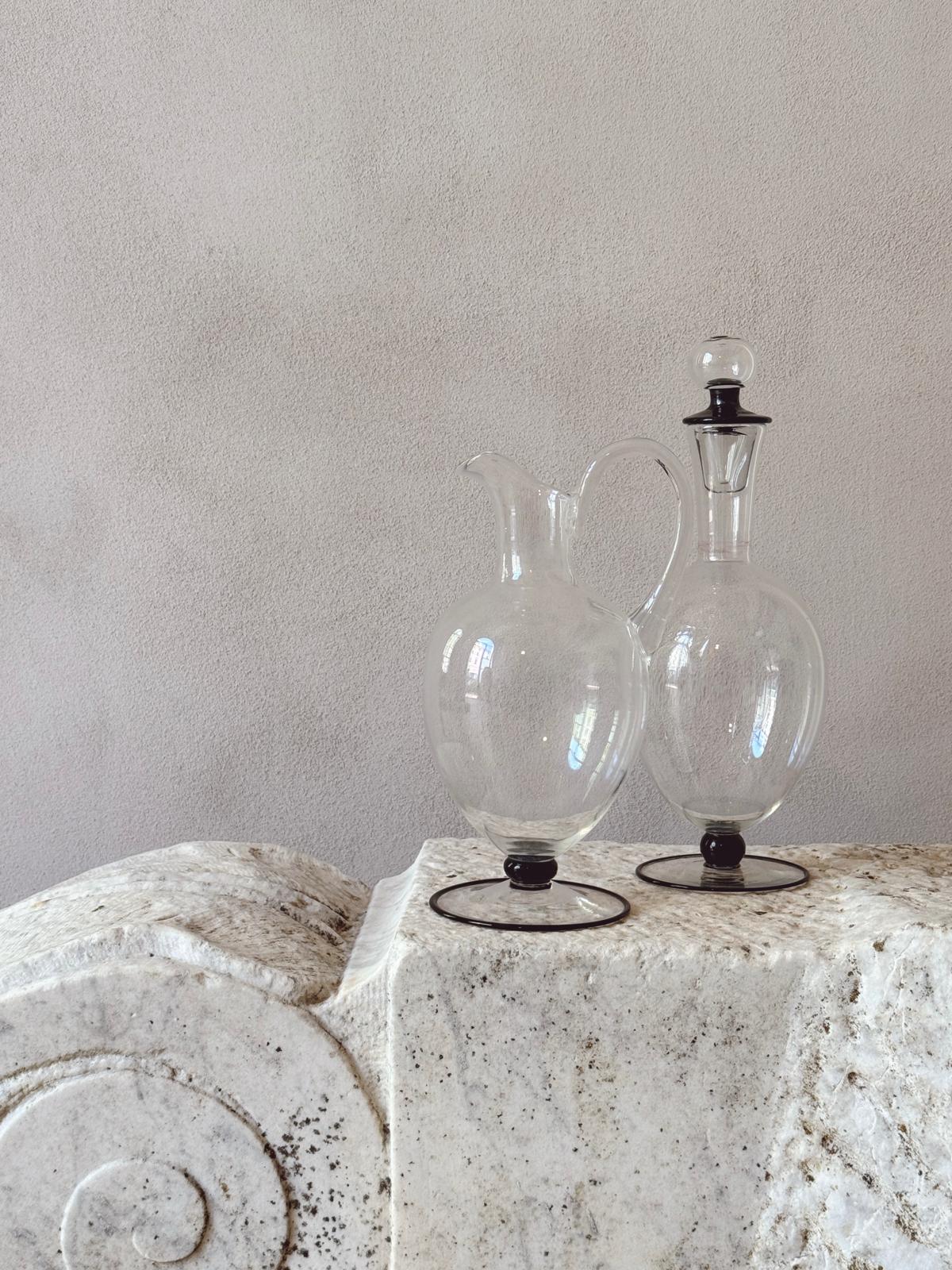 A 1940s Jug and Decanter Set in Hand-blown Murano Glass with Black detailing