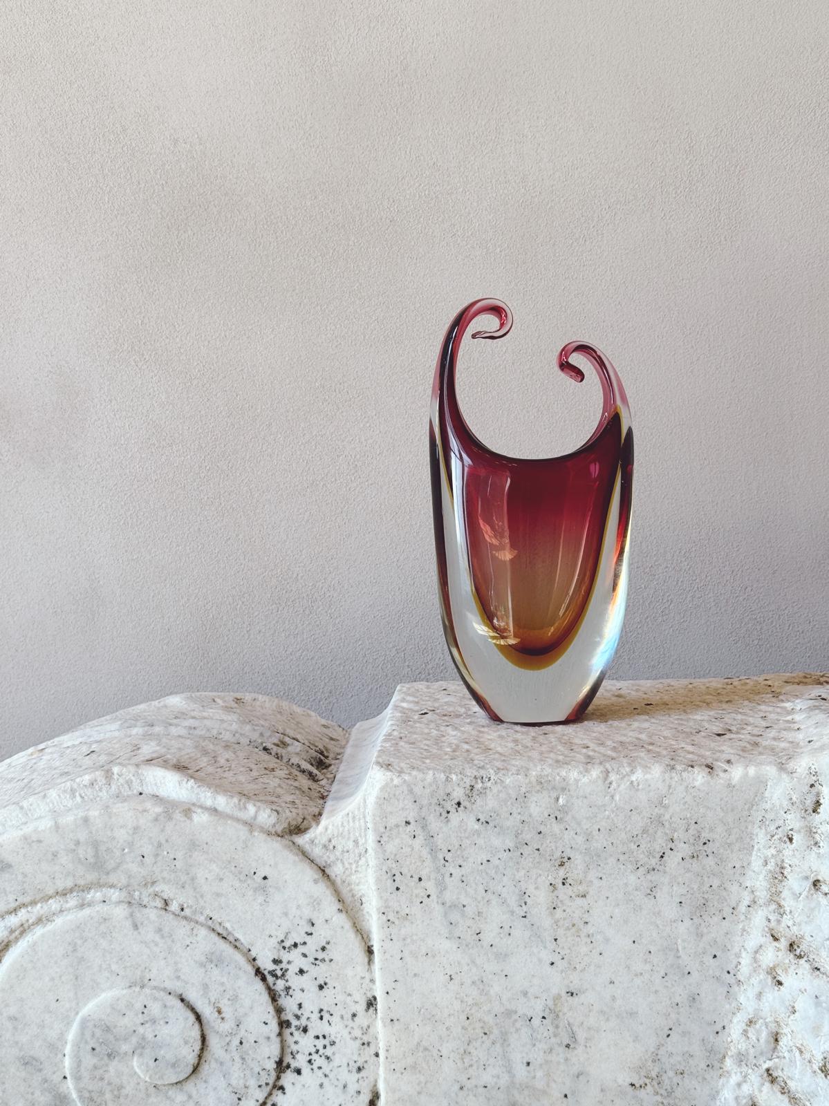 1970s Orange and Pink Triple Sommerso Murano Glass Curled Vase