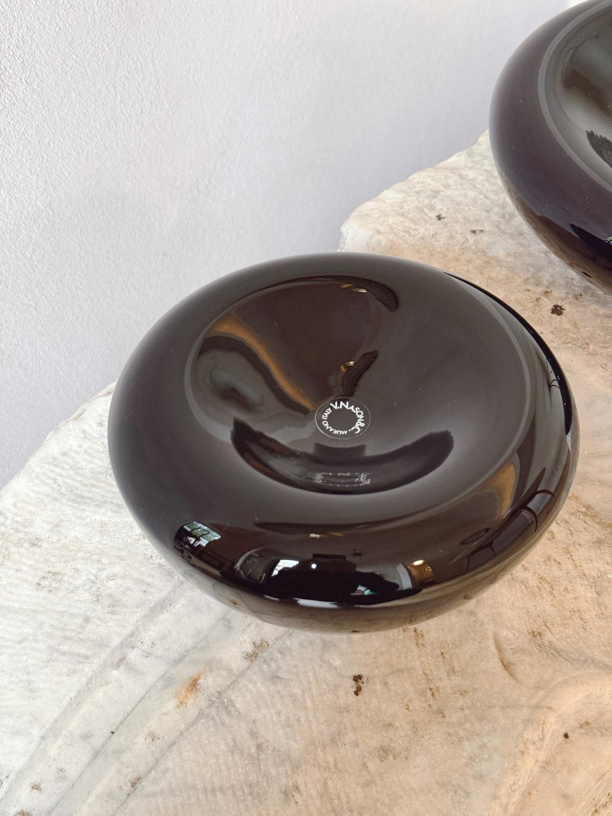 Pair of 1980s Murano Glass Black Organic Bowls by V Nason