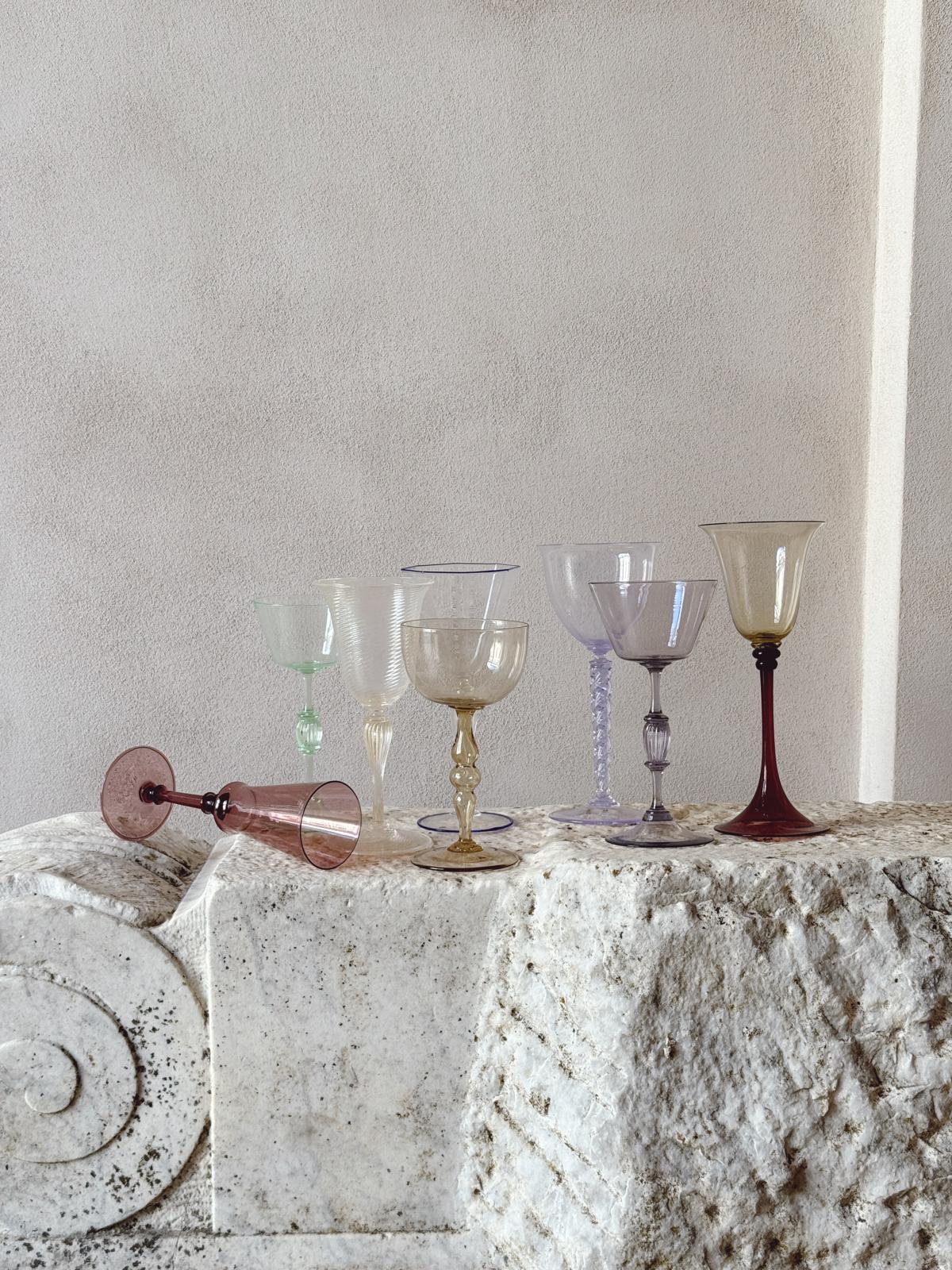 'Perfectly Unmatched' 1930s Marchese Murano Wine Glasses (Set of 8)