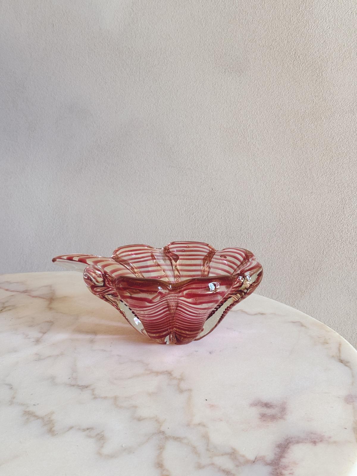 1950s Barovier Ogange Striped Murano Glass Flower Shaped Bowl