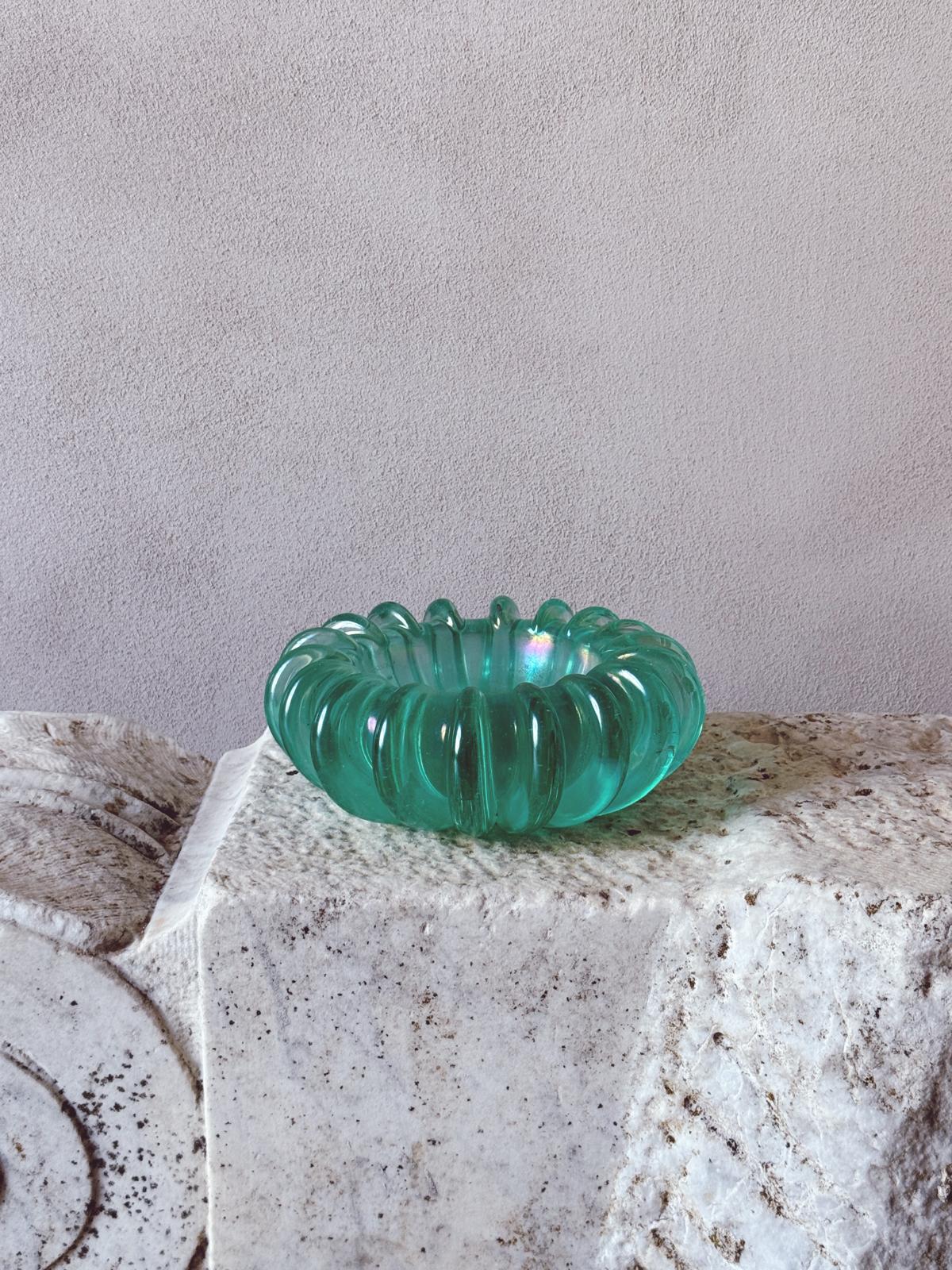1970s Hand-blown Murano Glass Turquoise ridged bowl