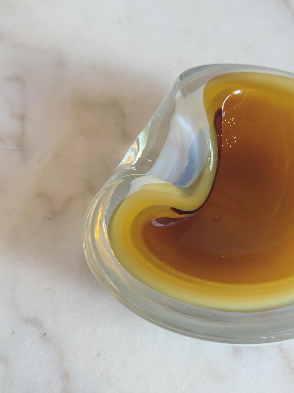 1970s Hand-blown Murano Glass White and Amber Bowl