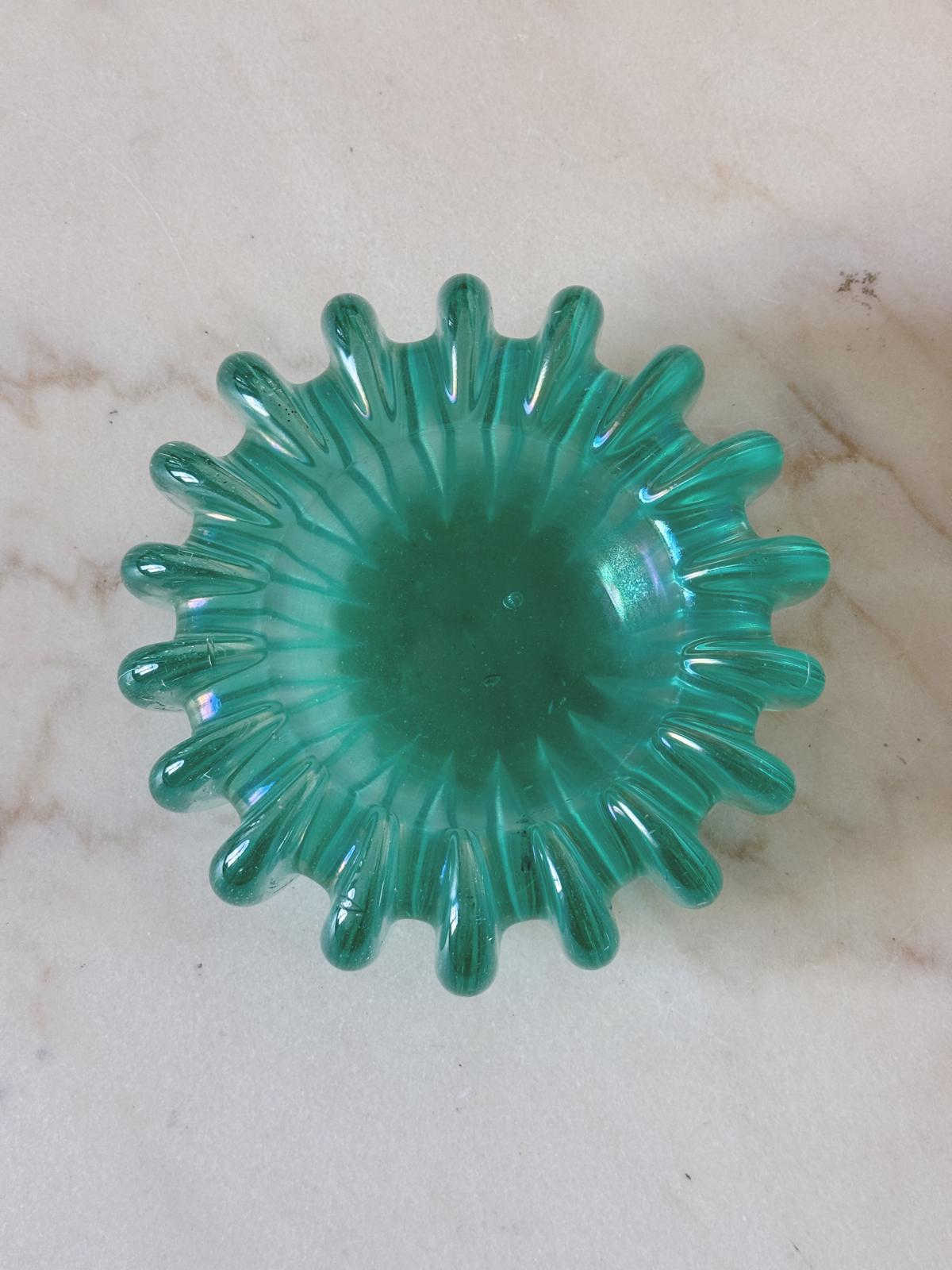 1970s Hand-blown Murano Glass Turquoise ridged bowl