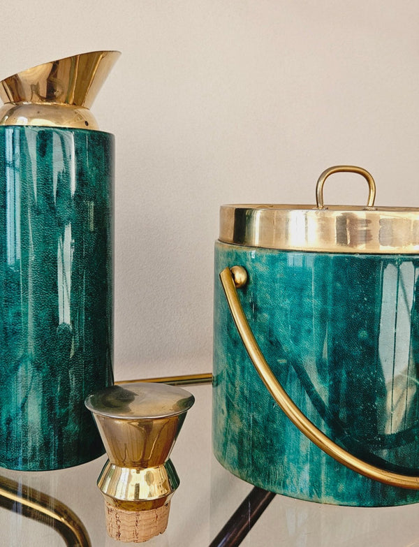 1960s Aldo Tura Green Goatskin Ice bucket and Cocktail Jug