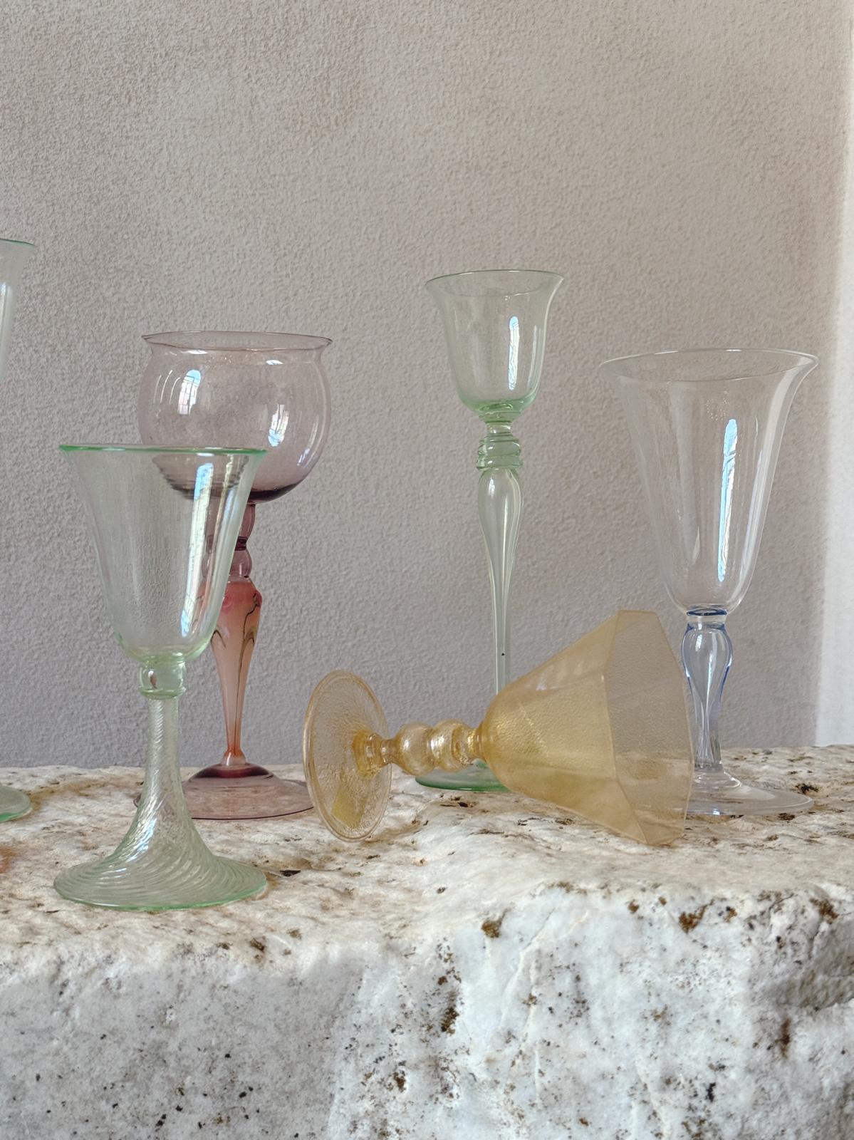 Perfectly Unmatched 1930s Principino Murano Small Dessert Wine Glasses (Set of 8)