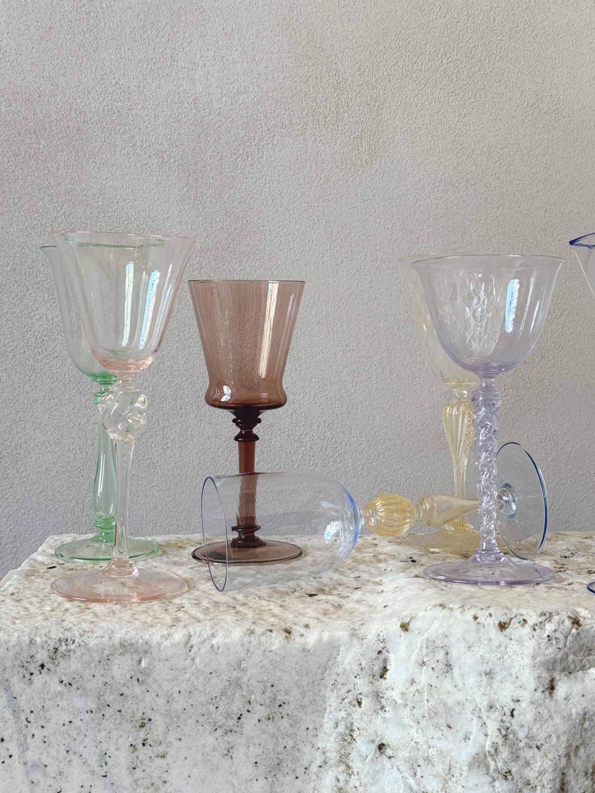 Perfectly Unmatched 1930s Duca Murano Wine Glasses (Set of 8)