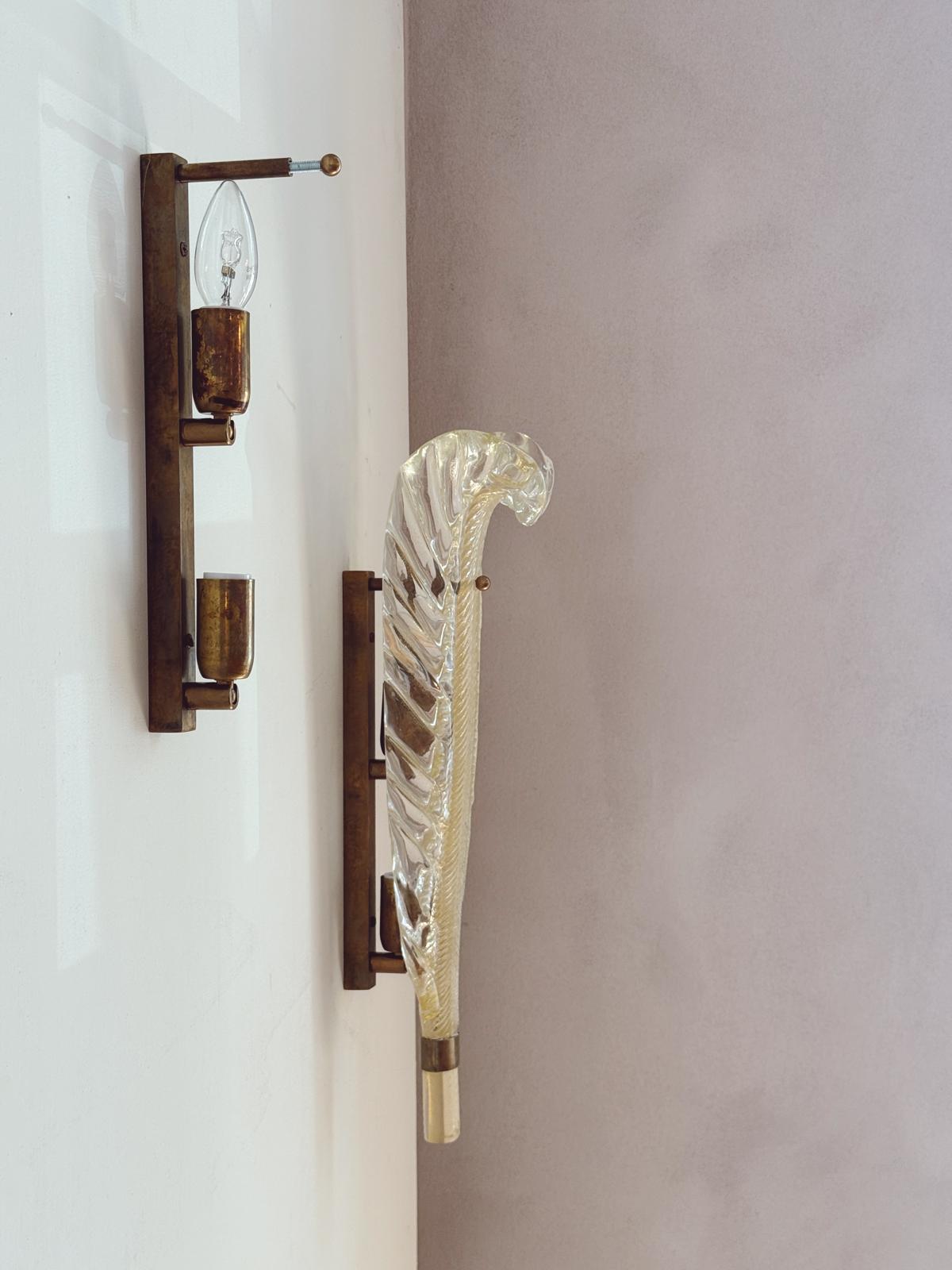 Pair of ex-Bauer Hotel   Murano glass Leaf Wall lights, attributed to Seguso Vetri d’Arte, Venice, 1950s