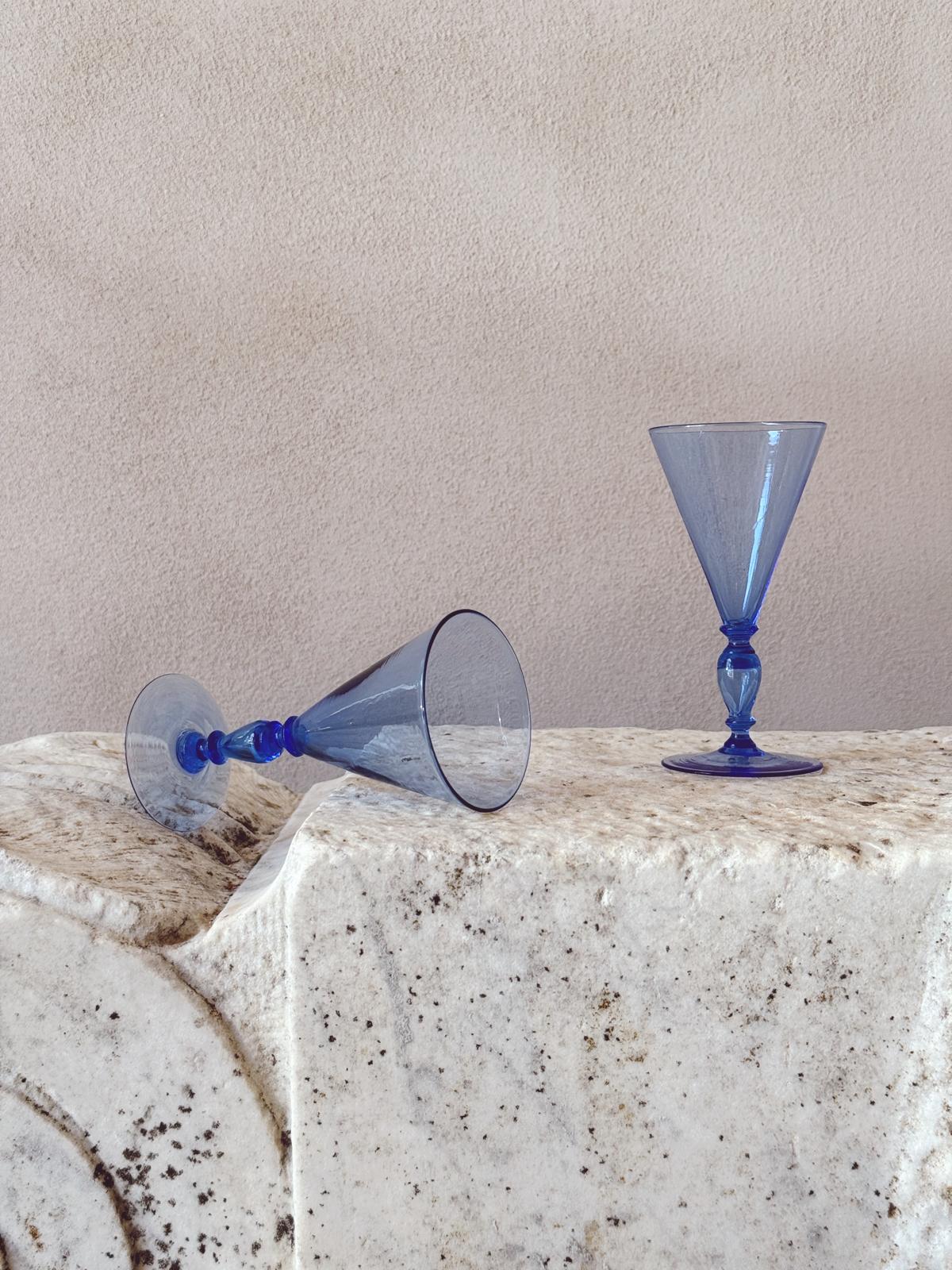 1920s Barovier Blue Hand-blown Murano Prosecco Glasses (Set of 10)