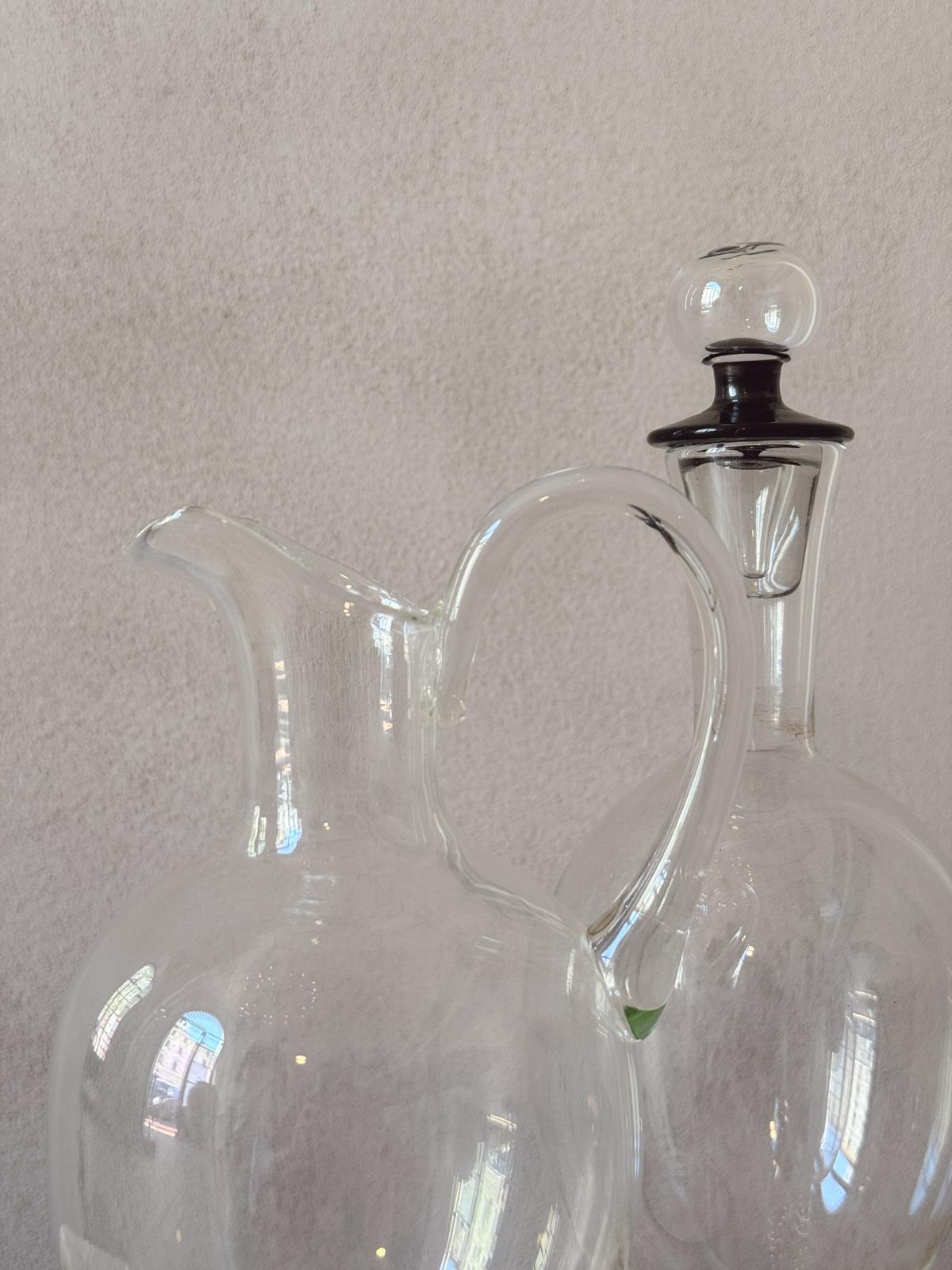 A 1940s Jug and Decanter Set in Hand-blown Murano Glass with Black detailing