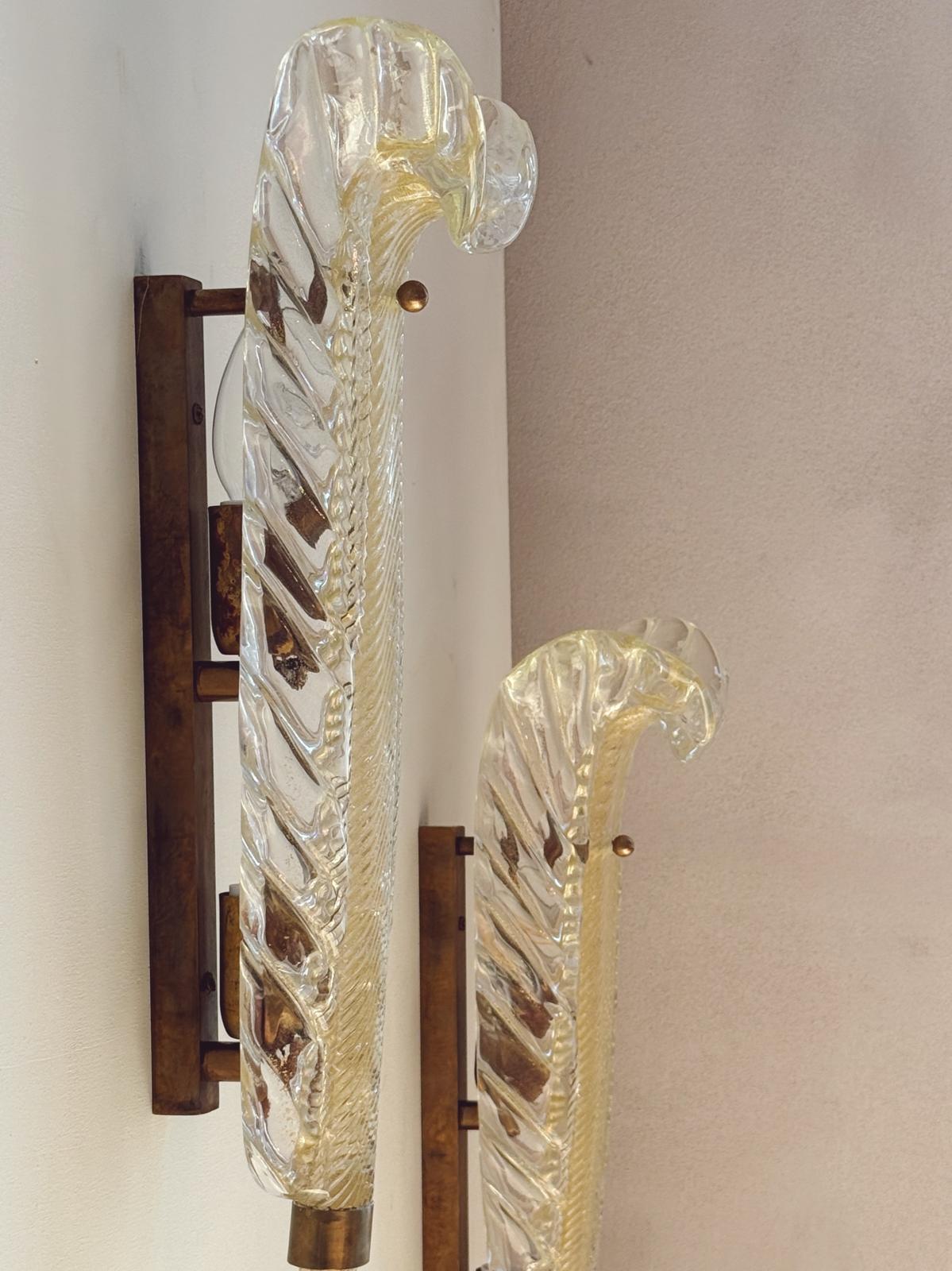 Pair of ex-Bauer Hotel   Murano glass Leaf Wall lights, attributed to Seguso Vetri d’Arte, Venice, 1950s