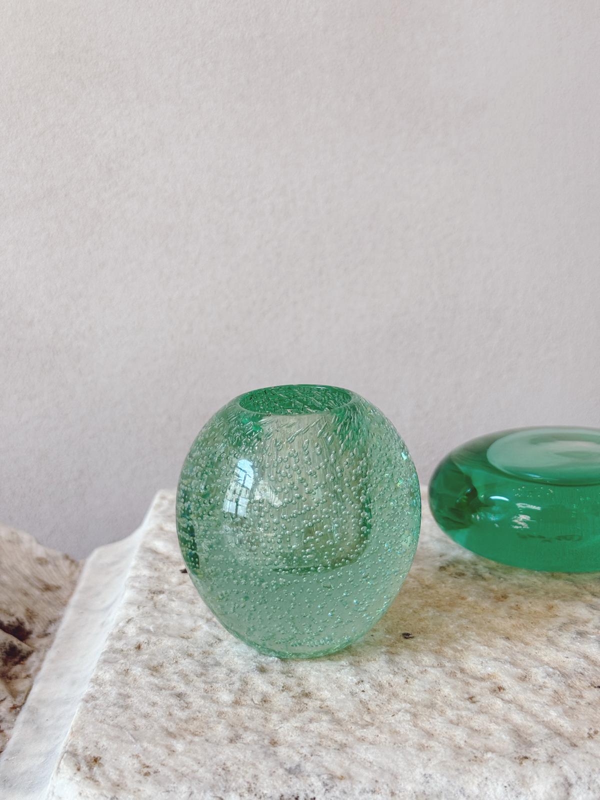 1970s Hand-blown Turquoise Murano Glass - Candlestick and Carlo Moretti Paperweight