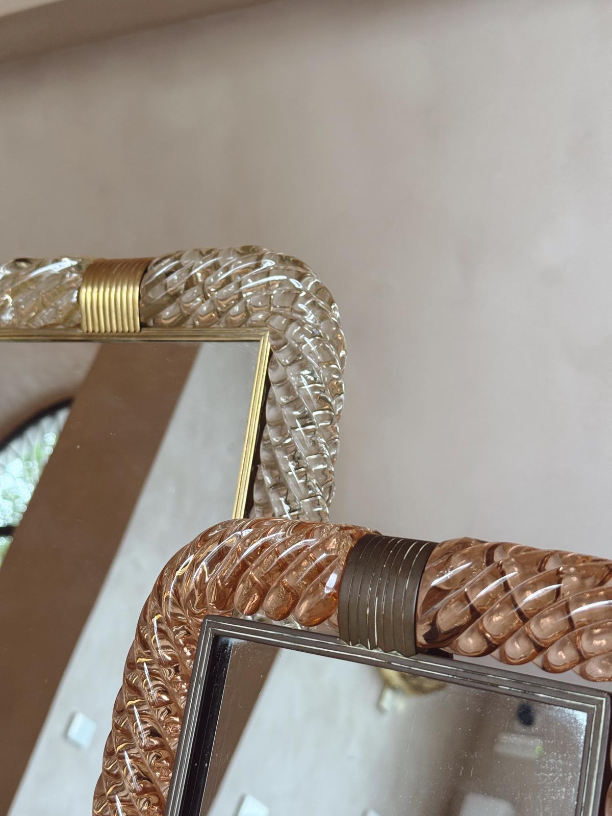 Pair of 1940s & 50s Venetian Peach & Transparent Murano Glass Frames with Mirror by Seguso, Vetri D'Arte & Venini