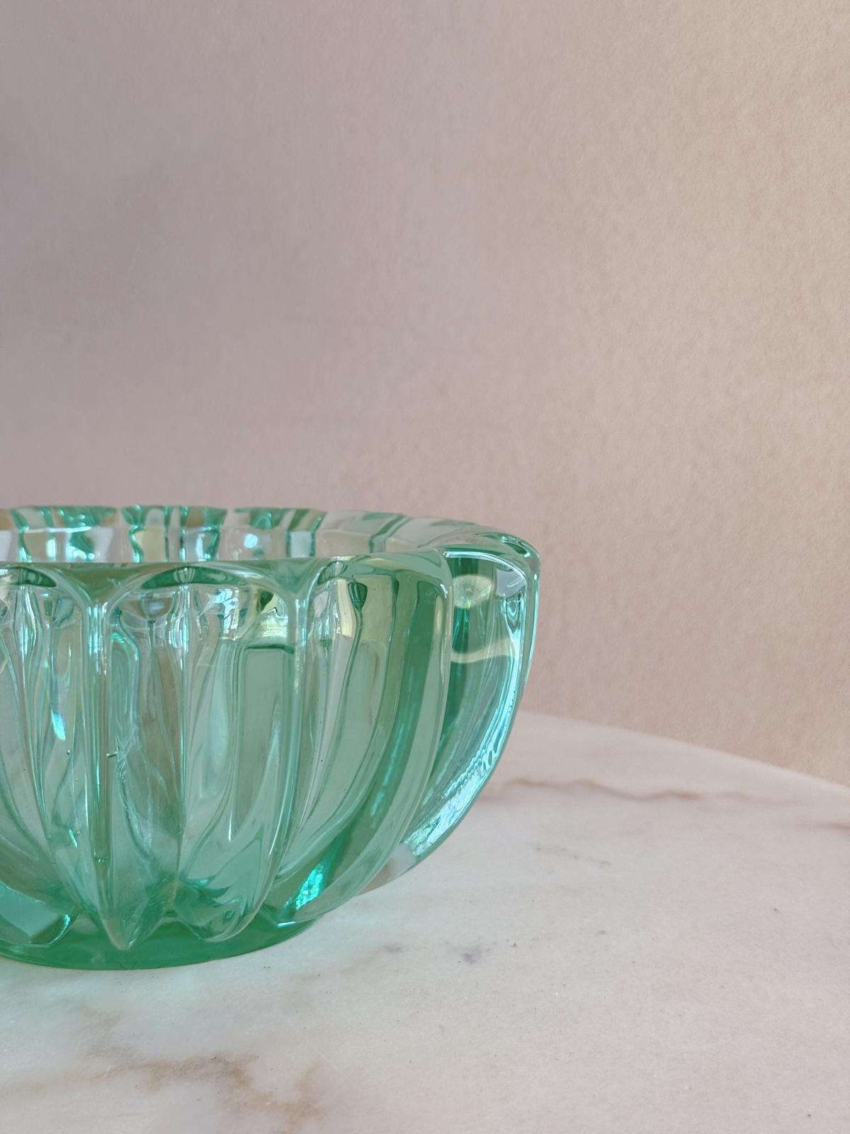 1980s Turquoise Ridged Glass Bowl