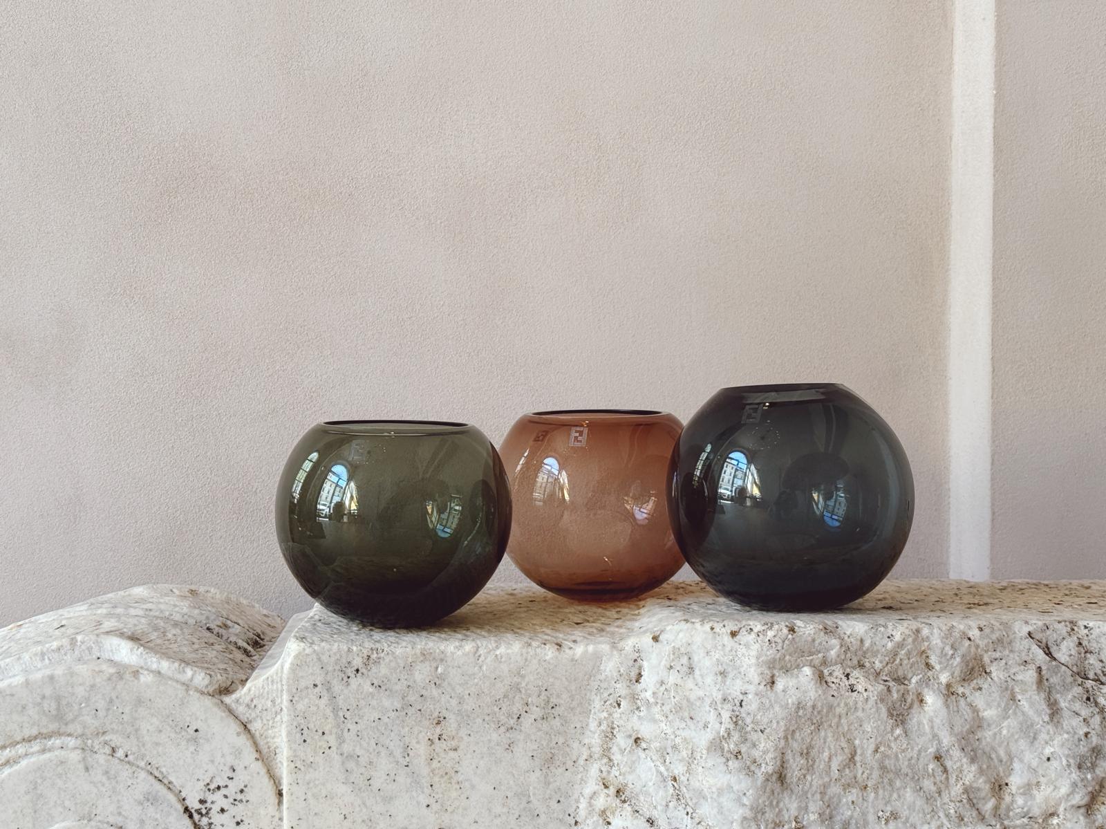Trio of Blue & Green & Rose Murano Glass Spherical Bowls for fendi Casa