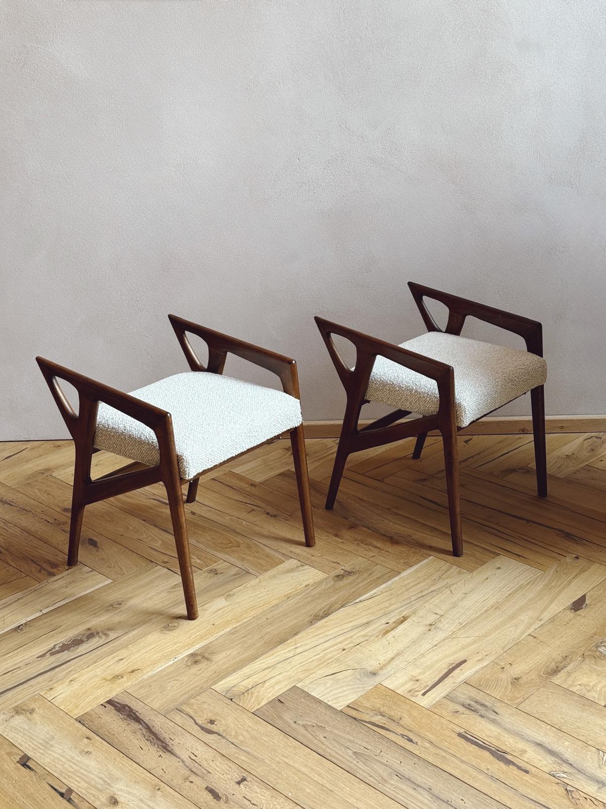 1950s Pair of Sculpted Stools by Gio Ponti. Reupholstered in Boucle. Model 687