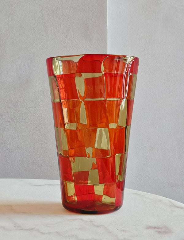 1970s Barovier & Toso Orange Check Murano Vase