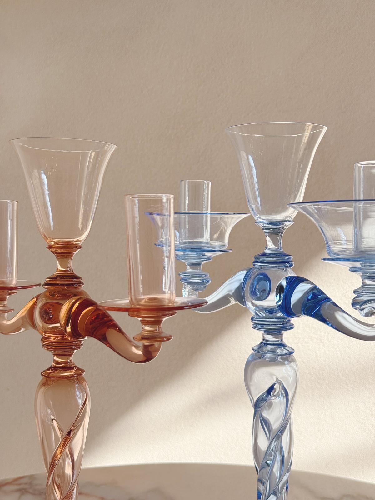 Pair of Hand-Blown Murano Glass Blue and Pink Candelabra by Pauly & Co, 1940s