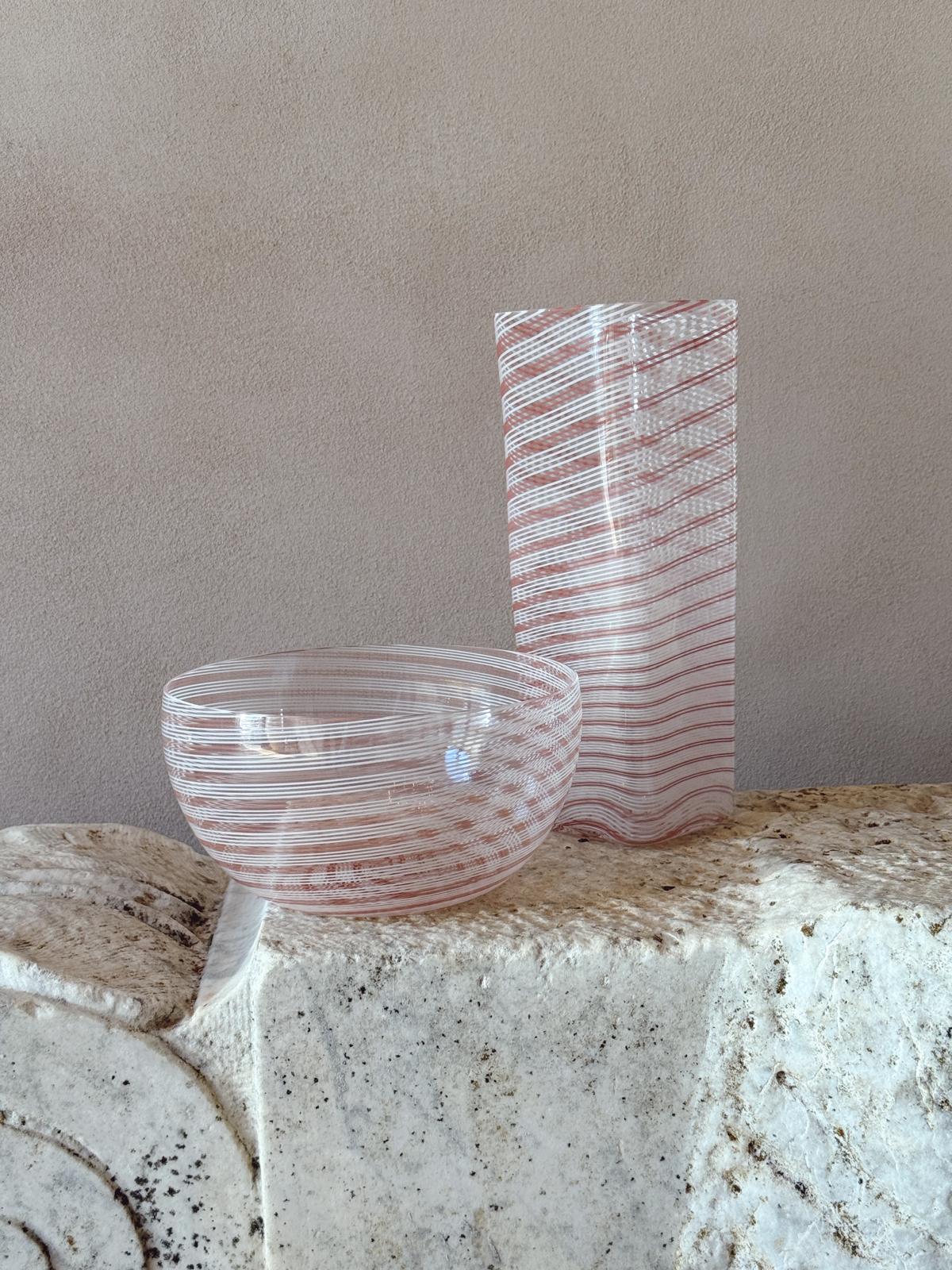 1970s Barovier & Toso Signed Pink & White Murano Glass Vase and Bowl