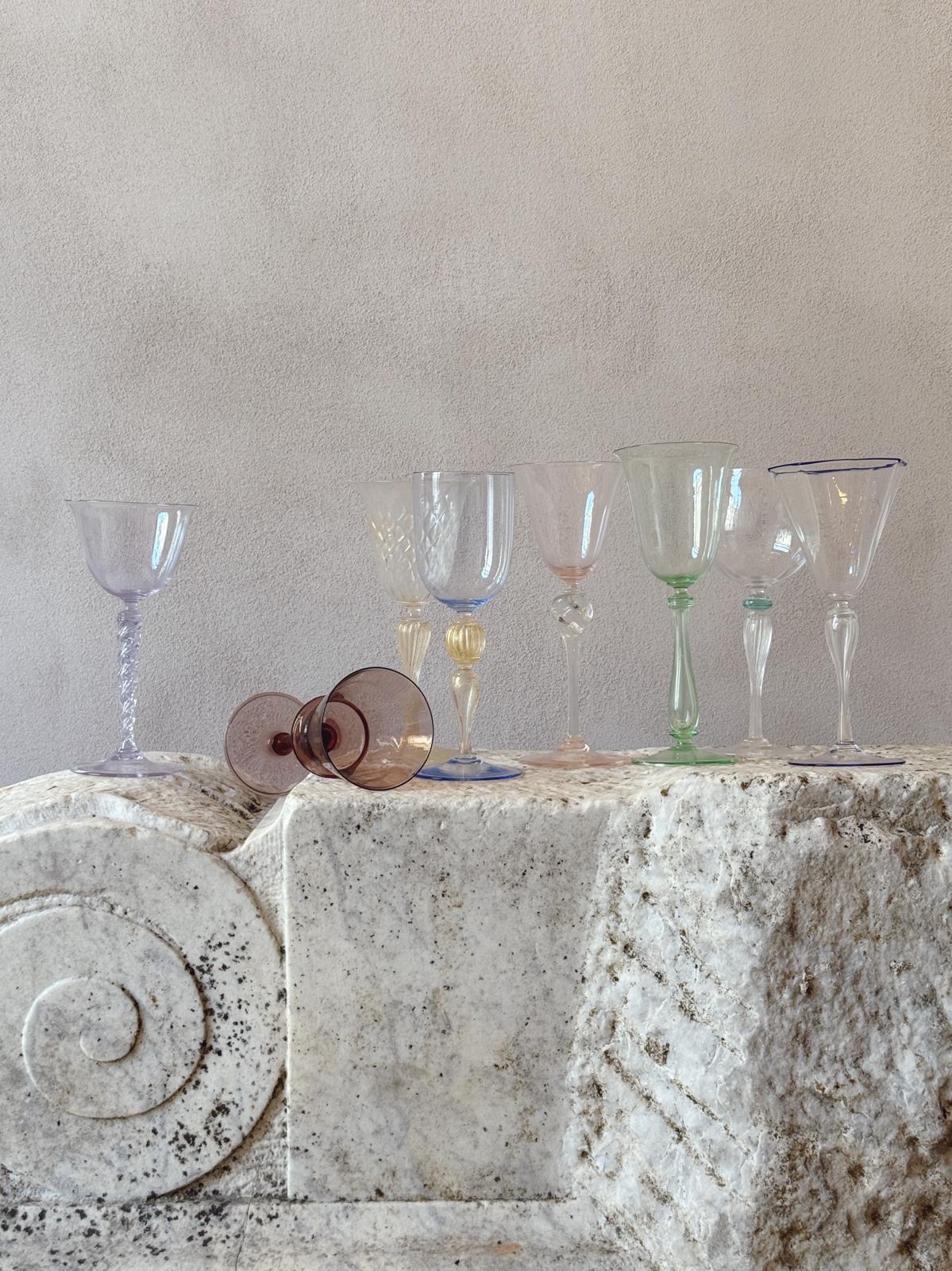 Perfectly Unmatched 1930s Duca Murano Wine Glasses (Set of 8)