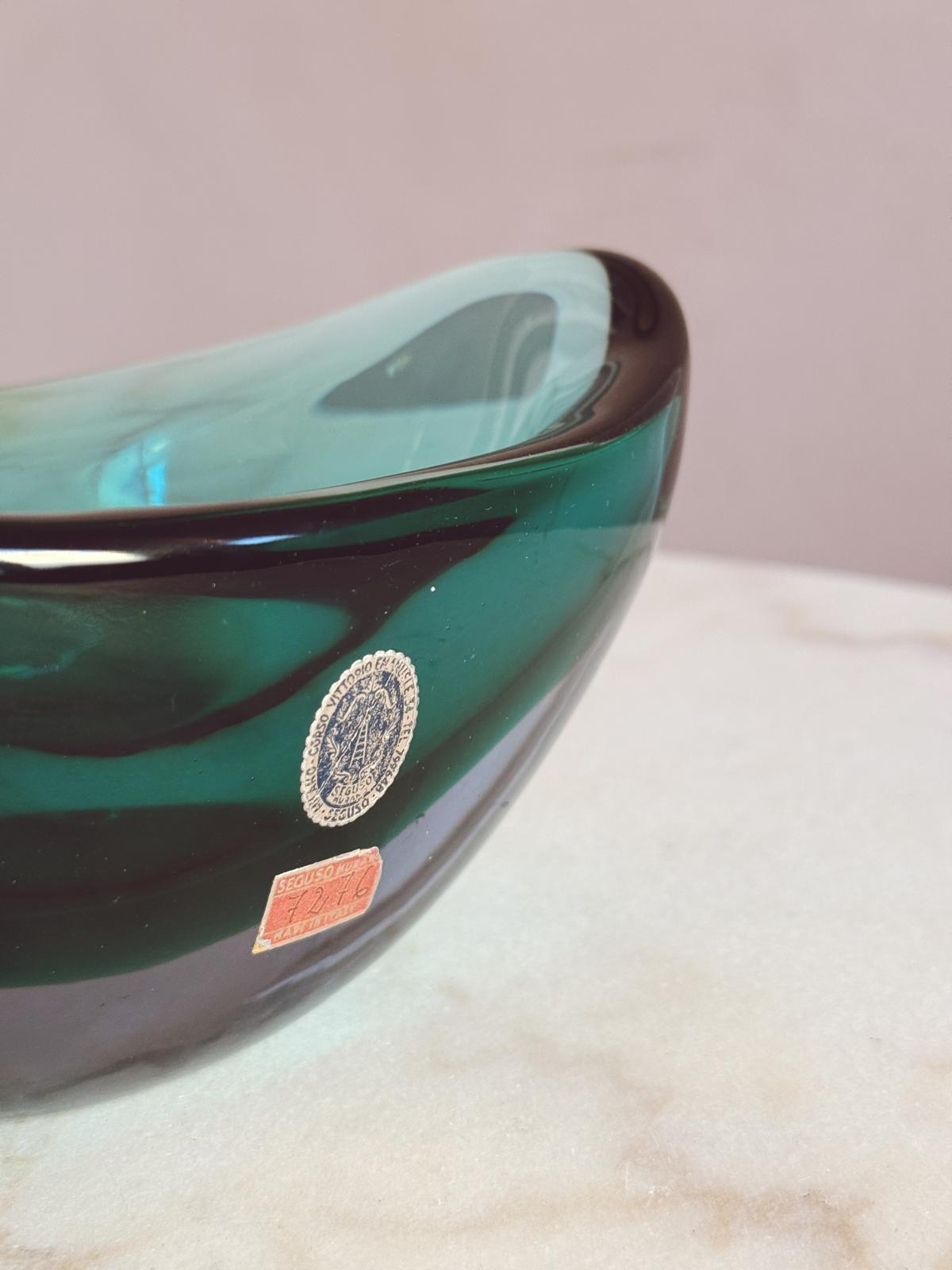 1970s Exceptional Seguso Marine Blue Sommerso Bowl with original Stickers