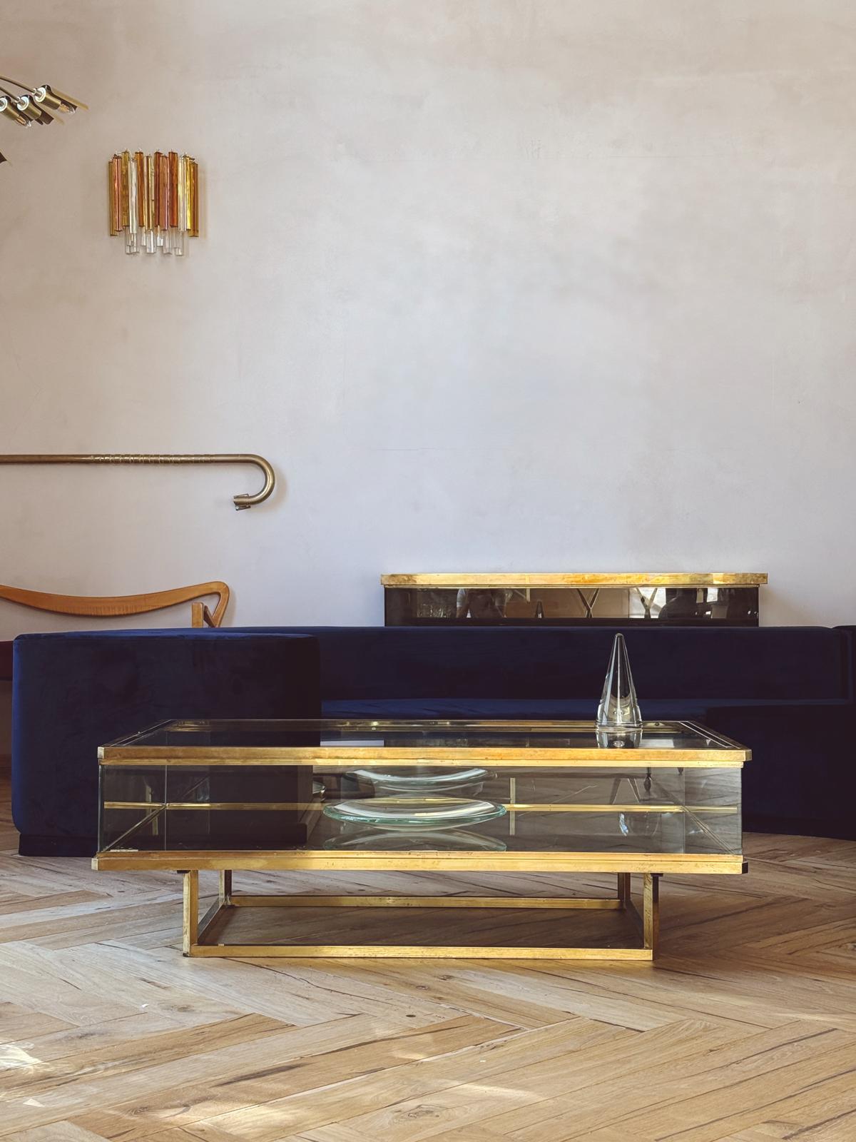 1960s Brass and Glass Coffee Table with sliding top