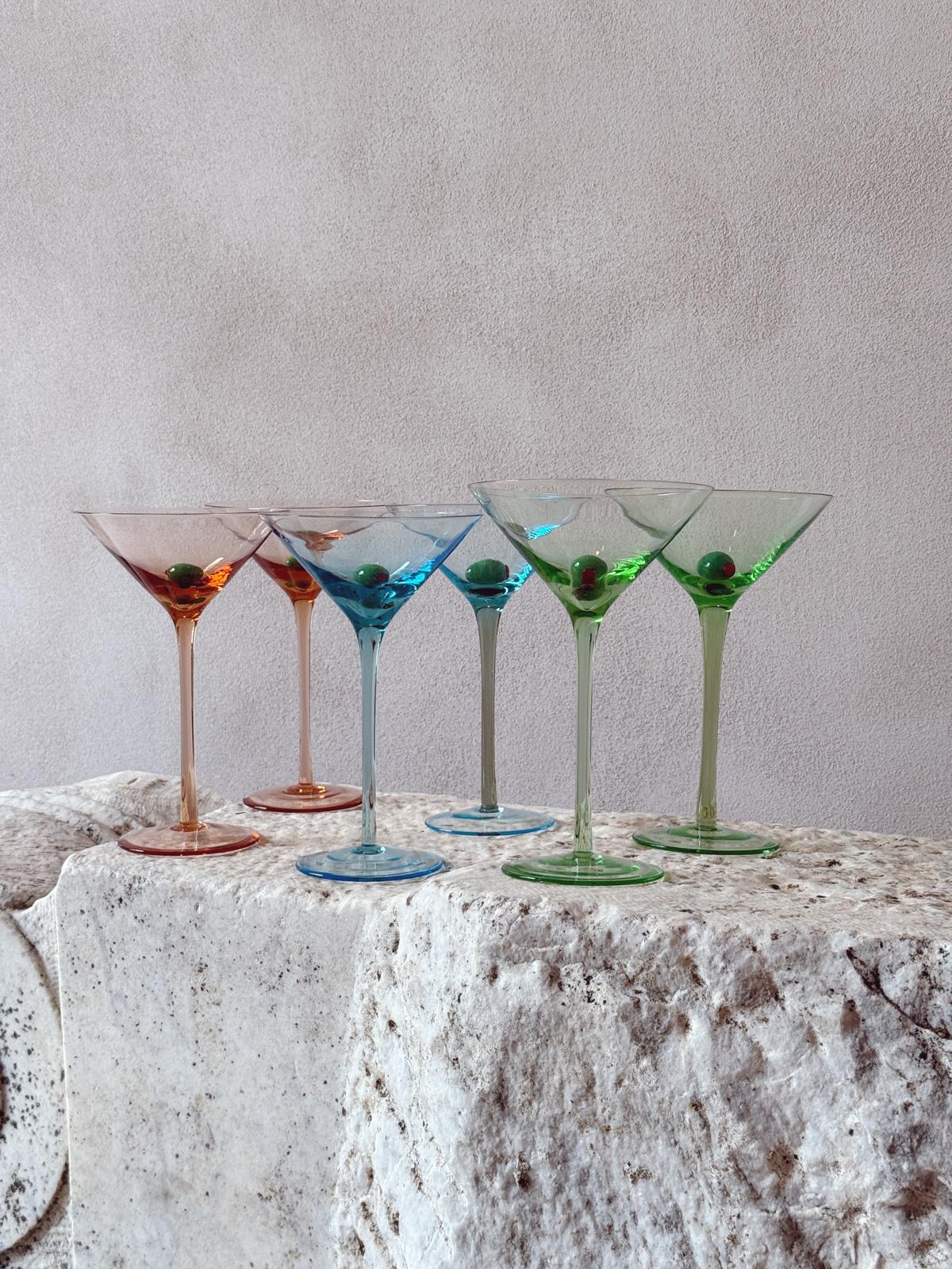 Set of Six 1980s Multi-colour Hand-Blown Cocktail Glasses with Murano Glass Olive